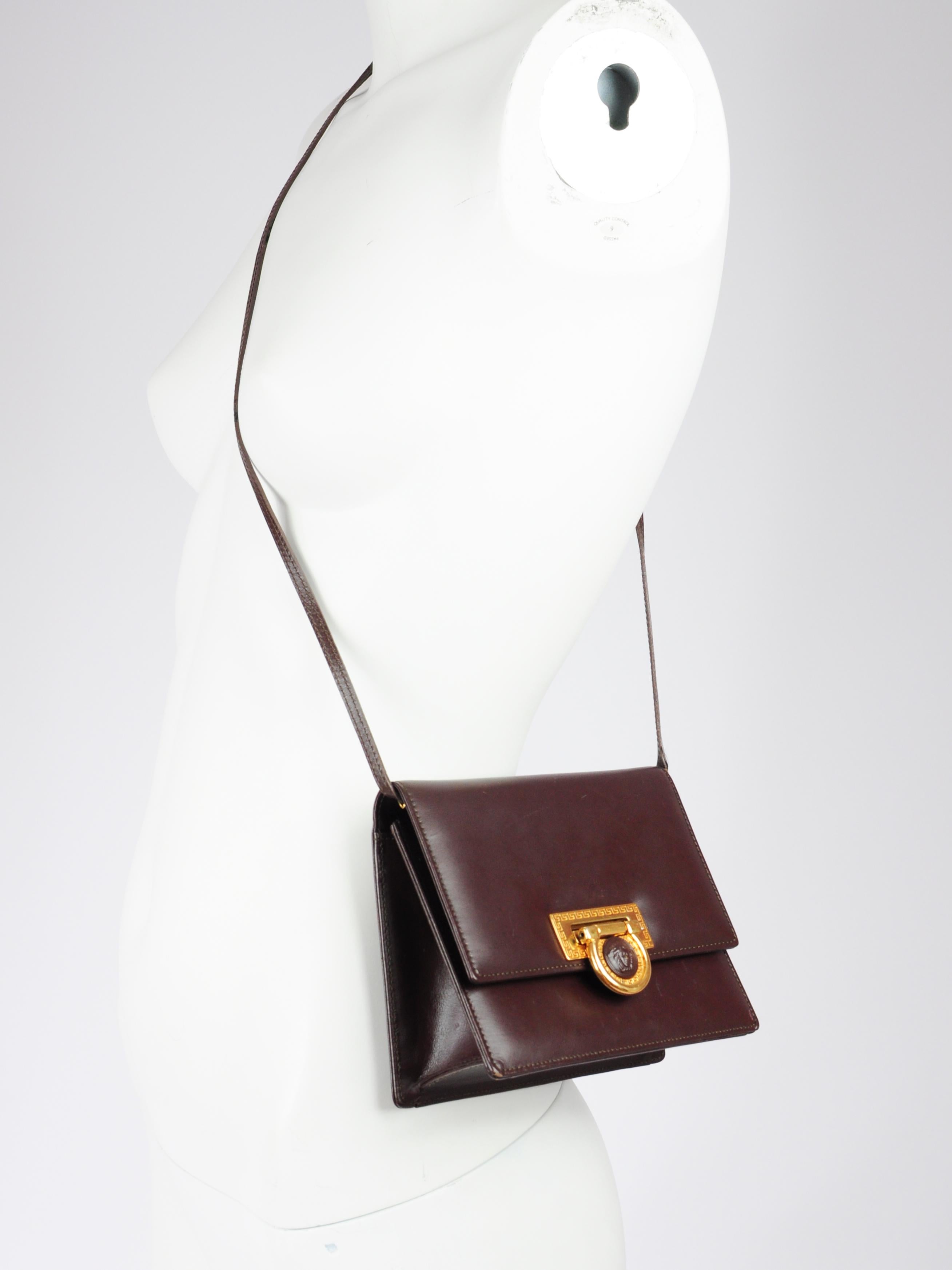 Gianni Versace Medusa Brown Leather Crossbody Mini Bag 1990s In Fair Condition For Sale In Amsterdam, NH