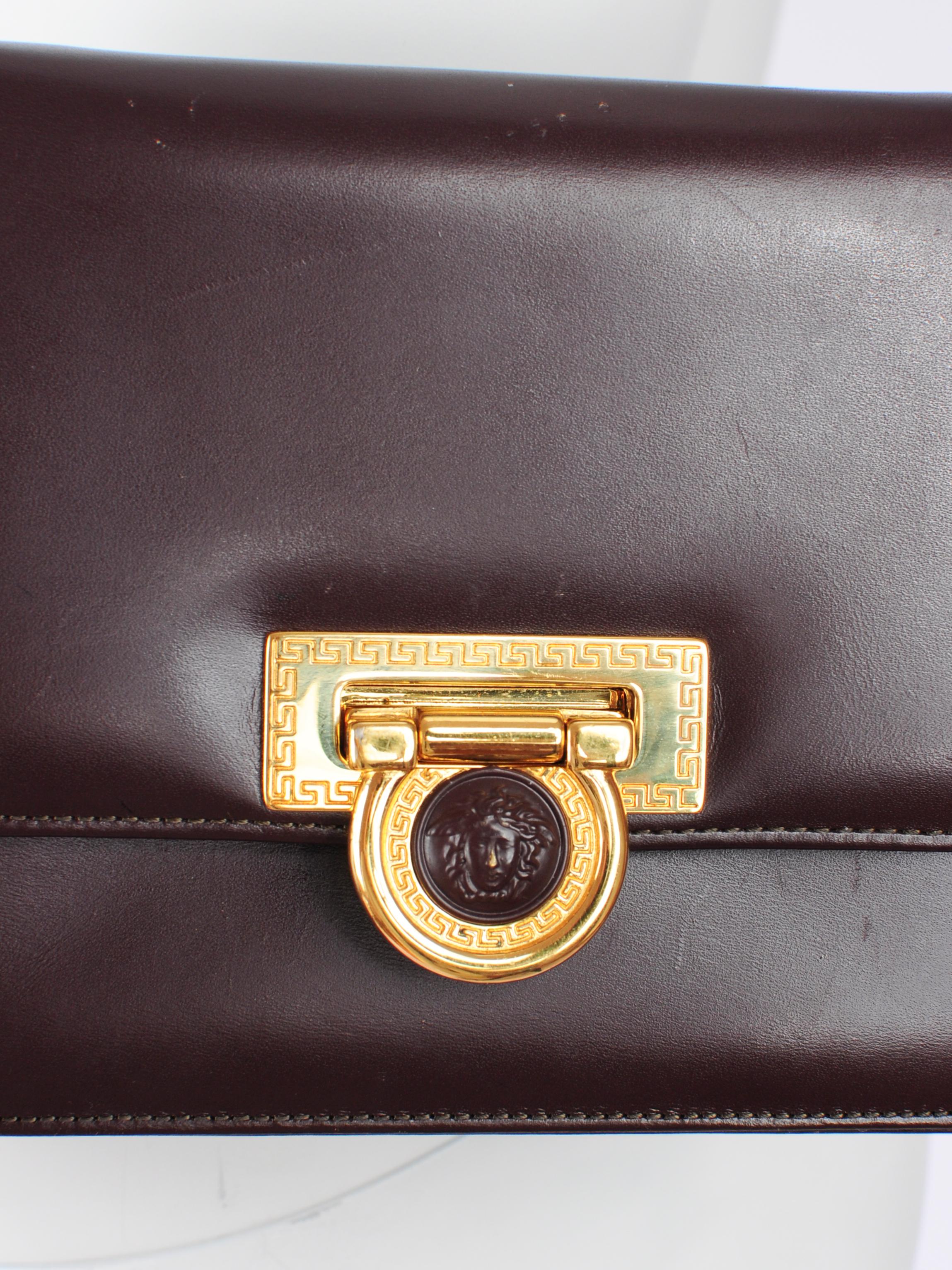 Women's or Men's Gianni Versace Medusa Brown Leather Crossbody Mini Bag 1990s For Sale