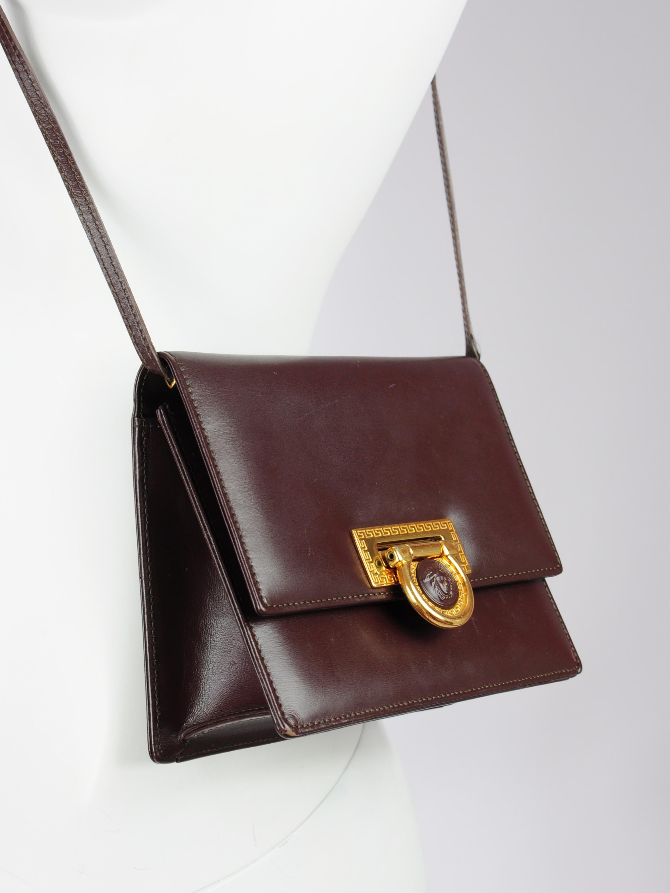 Gianni Versace Medusa Brown Leather Crossbody Mini Bag 1990s For Sale 1
