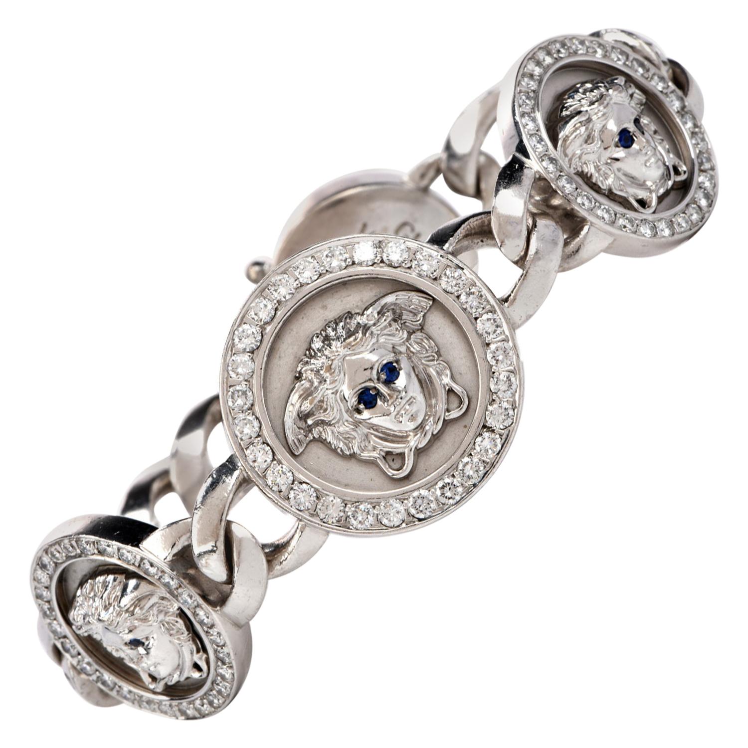Gianni Versace Medusa Chain Diamond Sapphire 18 Karat Gold Bracelet For  Sale at 1stDibs | versace diamond bracelet, versace bracelet 18k gold,  versace tennis bracelet