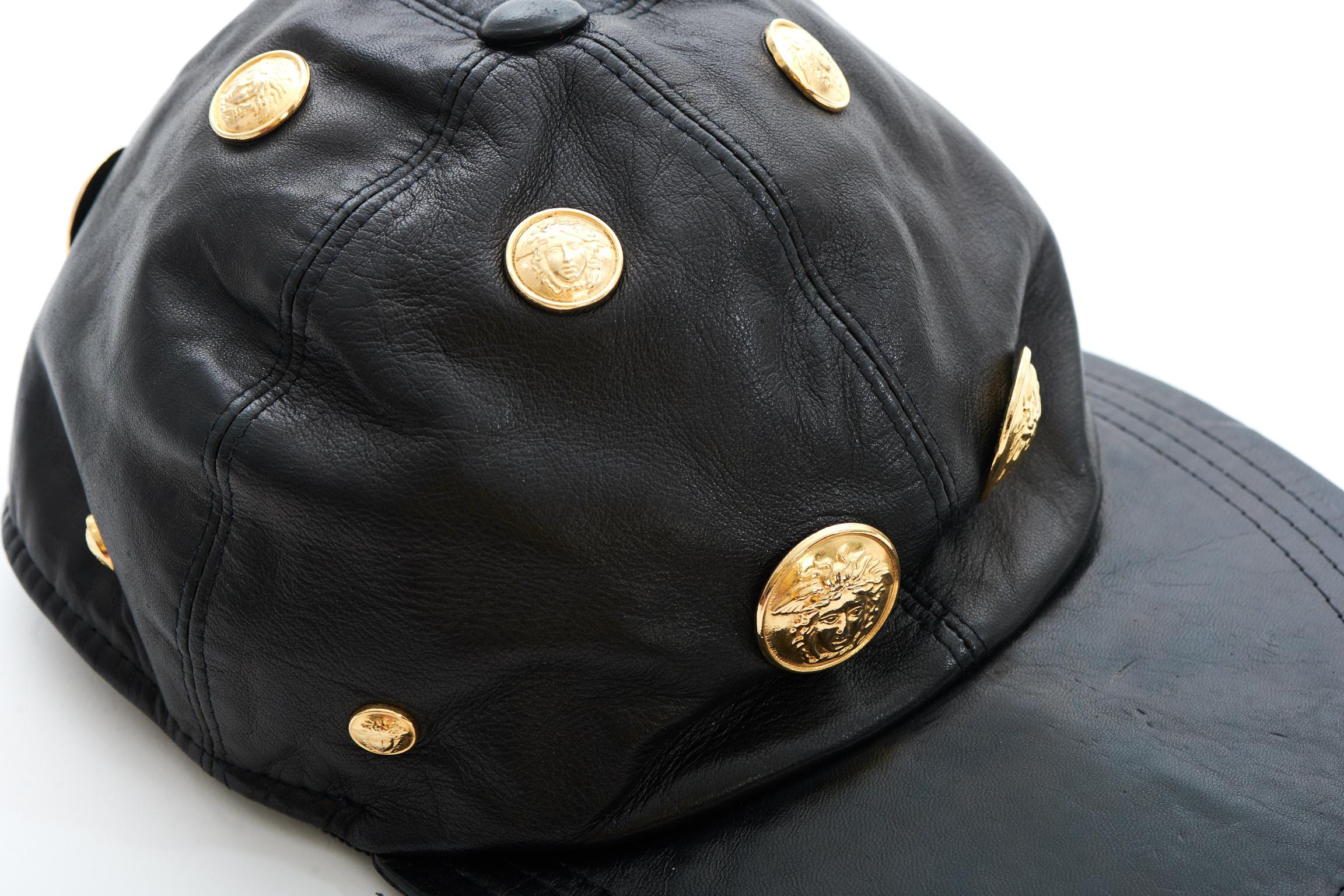 Black Gianni Versace Medusa Leather Baseball Cap
