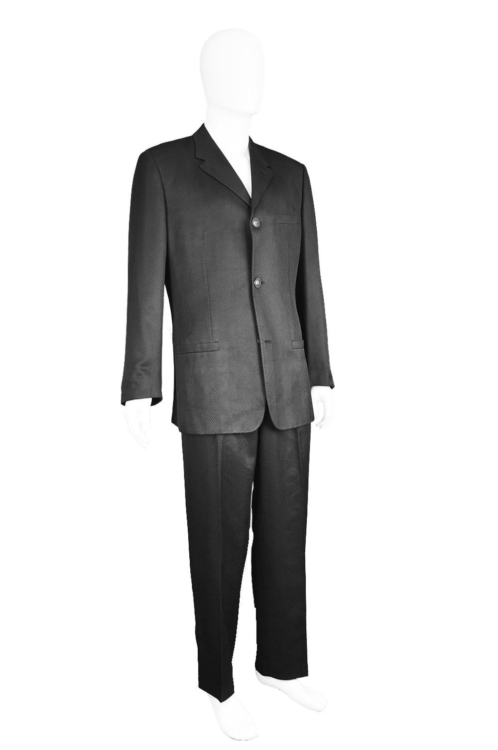 Gianni Versace Men's Black 100% Silk Jacquard 2 Piece Vintage Suit, 1990s In Good Condition For Sale In Doncaster, South Yorkshire