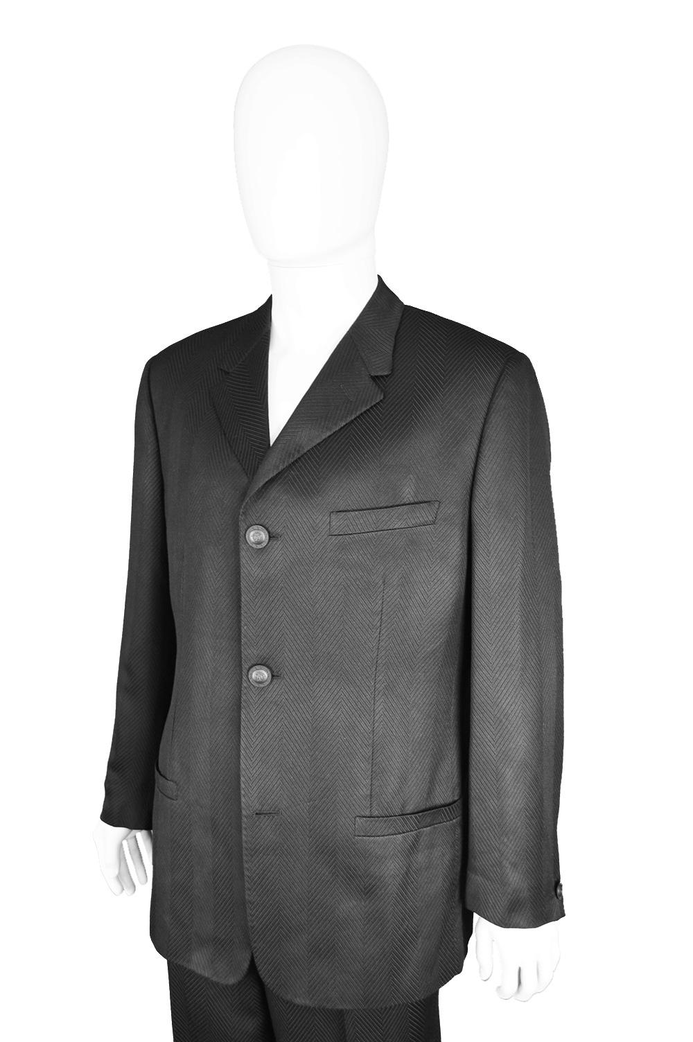 Gianni Versace Men's Black 100% Silk Jacquard 2 Piece Vintage Suit, 1990s For Sale 1