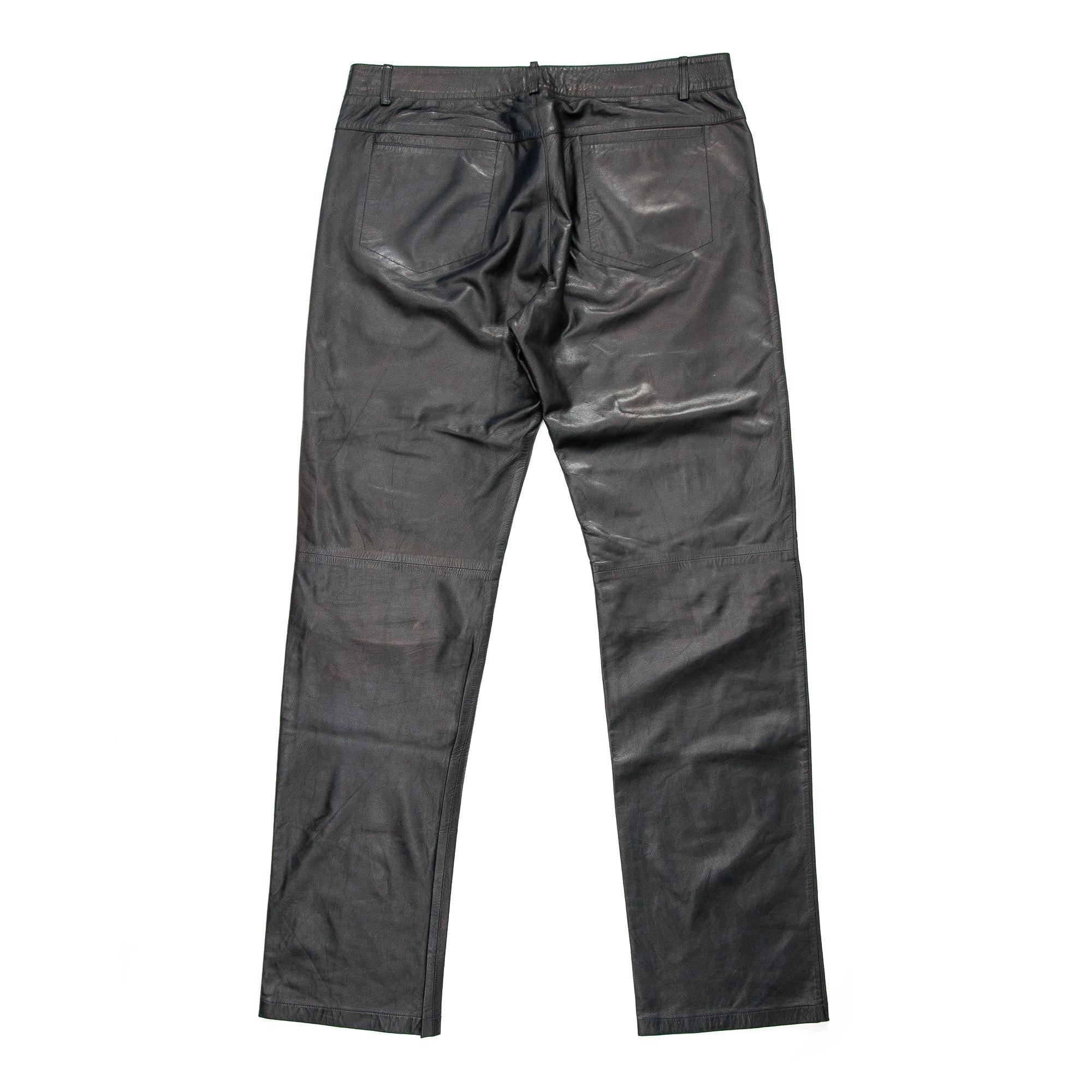 Ruder Than The Rest presents: men's Gianni Versace Leather trousers circa 1990s. A signature Gianni Versace style used through the 1990s is the 5 pocket jean style trouser. Presented here is a leather iteration we can date to around the mid 1990s