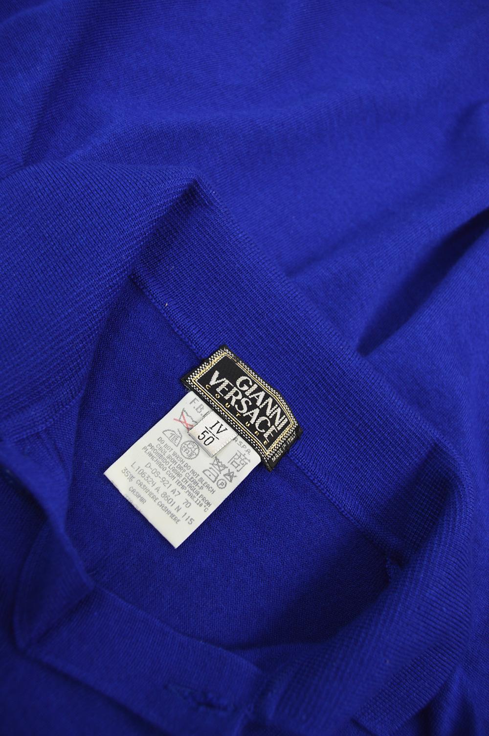 Gianni Versace Mens Cashmere & Silk Royal Blue Vintage Collared Sweater, 1990s  For Sale 2