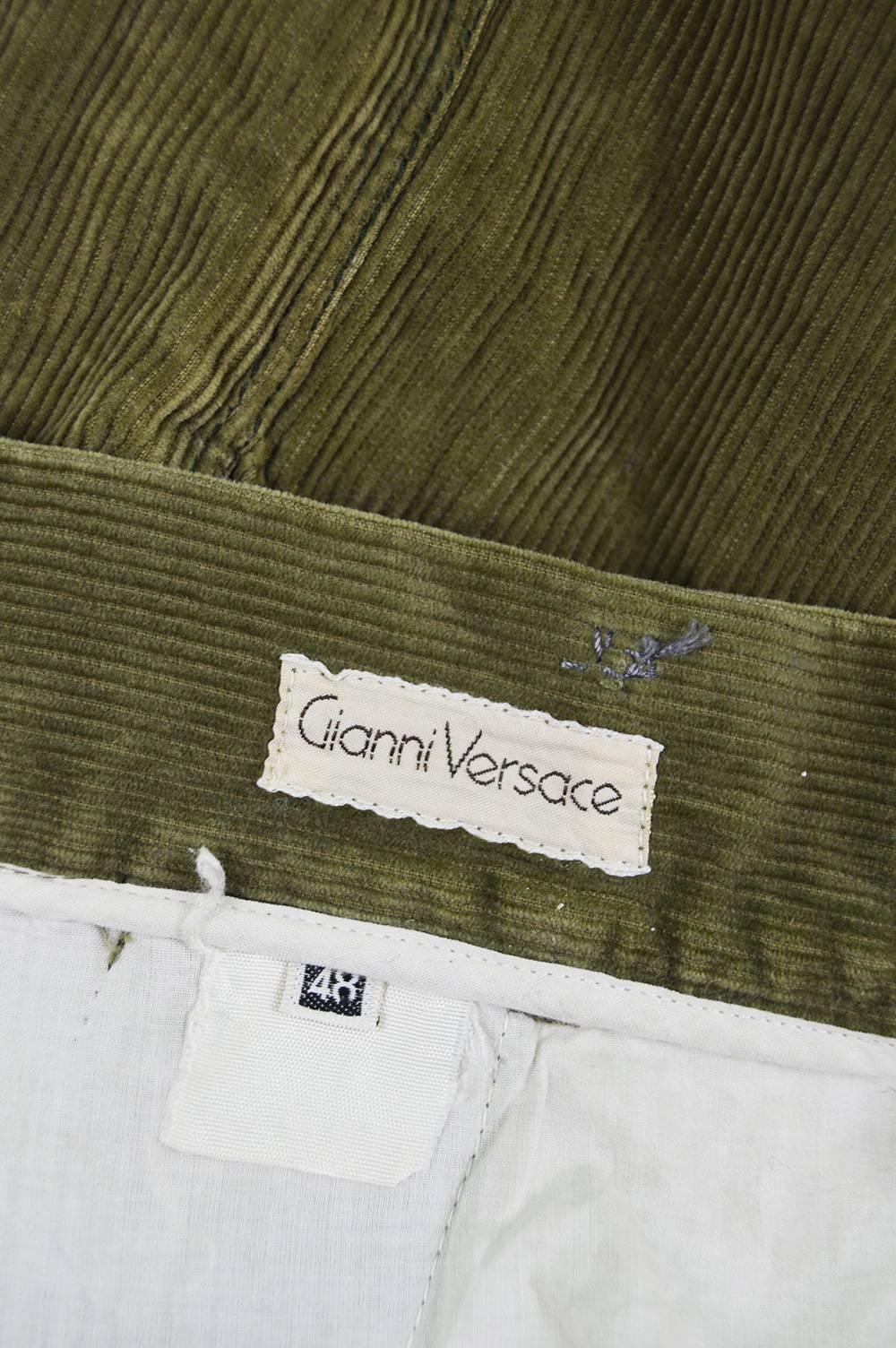 Gianni Versace Men's Green Corduroy Pants with Jumbo Cord Turn Ups, 1980s For Sale 3