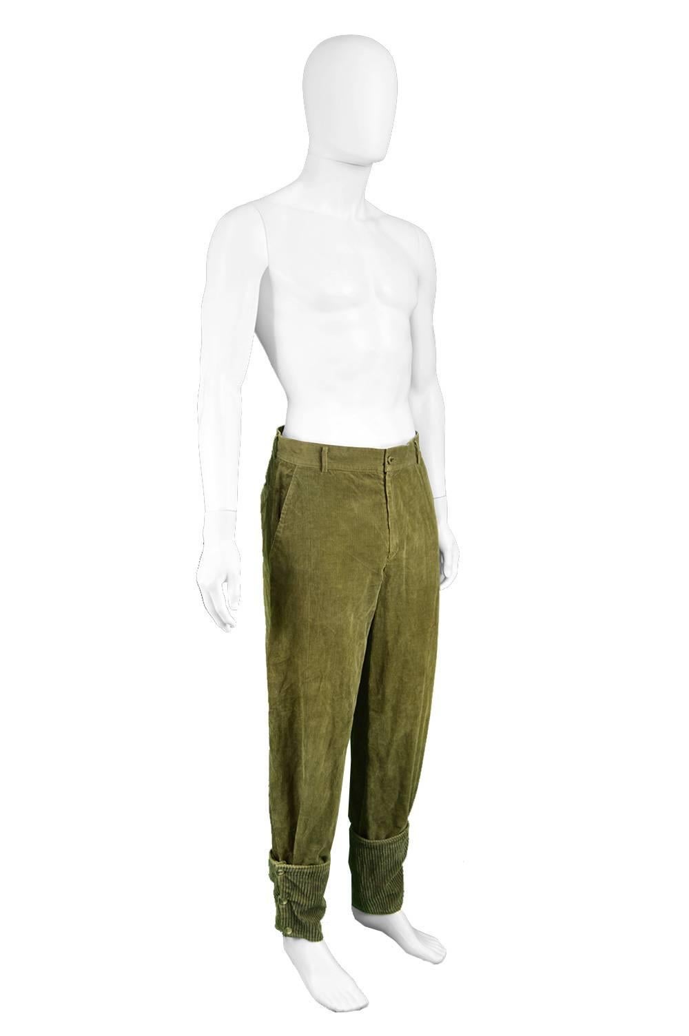 Brown Gianni Versace Men's Green Corduroy Pants with Jumbo Cord Turn Ups, 1980s For Sale