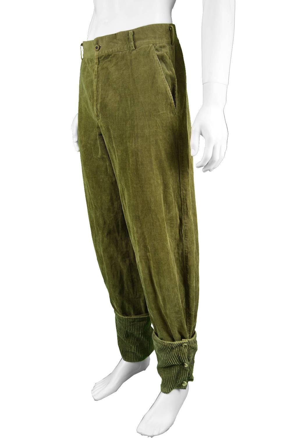 Gianni Versace Men's Green Corduroy Pants with Jumbo Cord Turn Ups, 1980s In Excellent Condition For Sale In Doncaster, South Yorkshire