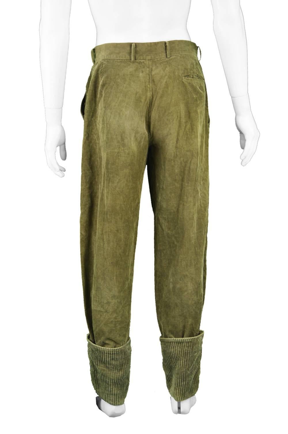 Gianni Versace Men's Green Corduroy Pants with Jumbo Cord Turn Ups, 1980s For Sale 2