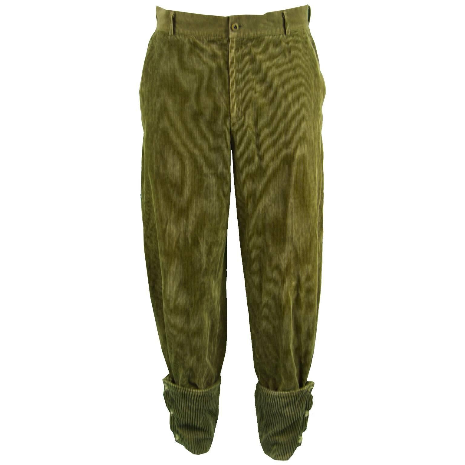 Gianni Versace Men's Green Corduroy Pants with Jumbo Cord Turn Ups, 1980s For Sale