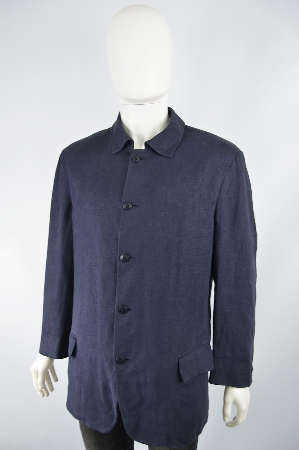 Black Gianni Versace Men's Vintage Dark Blue Linen Minimalist Chore Jacket For Sale