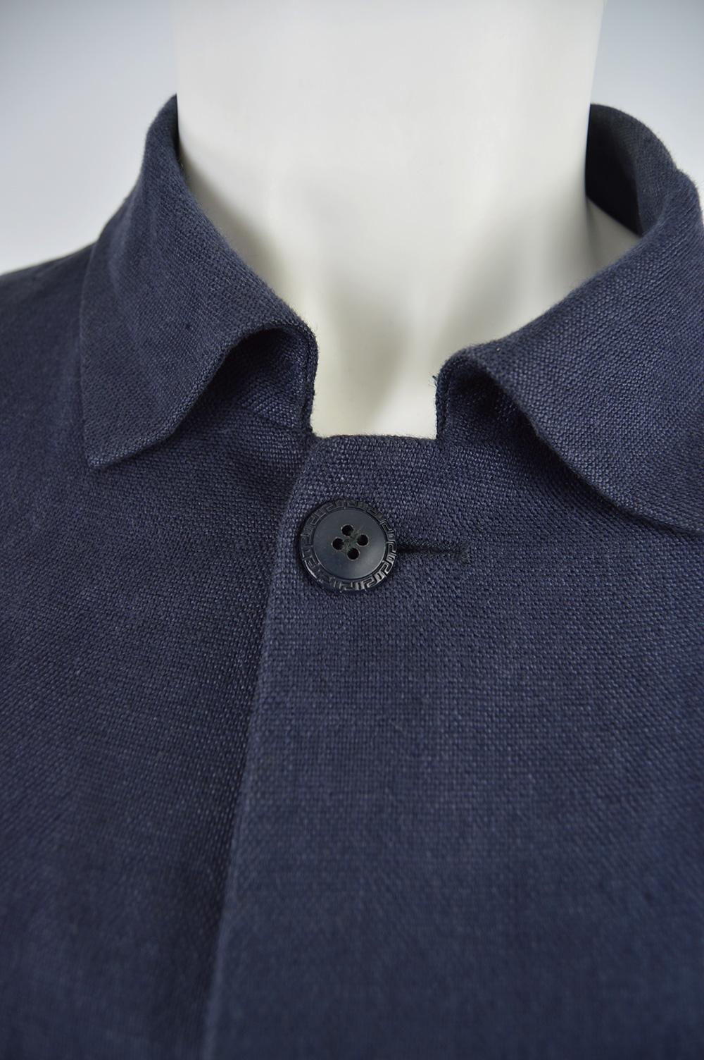 Gianni Versace Men's Vintage Dark Blue Linen Minimalist Chore Jacket In Good Condition For Sale In Doncaster, South Yorkshire