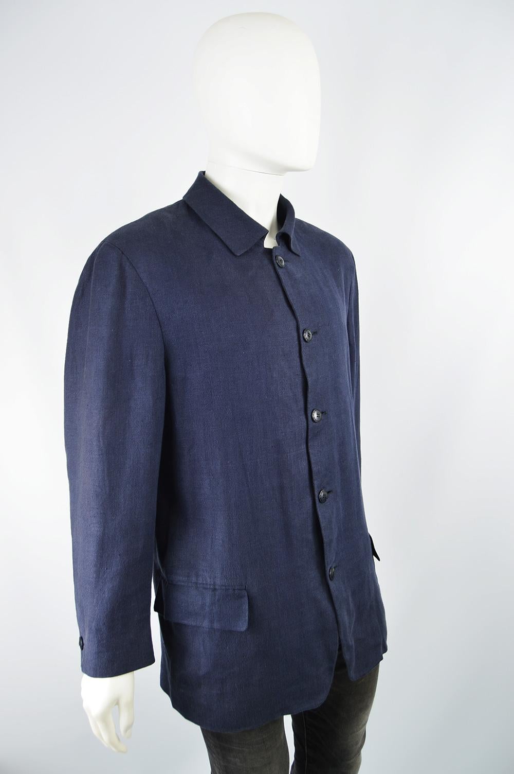 Gianni Versace Men's Vintage Dark Blue Linen Minimalist Chore Jacket 1
