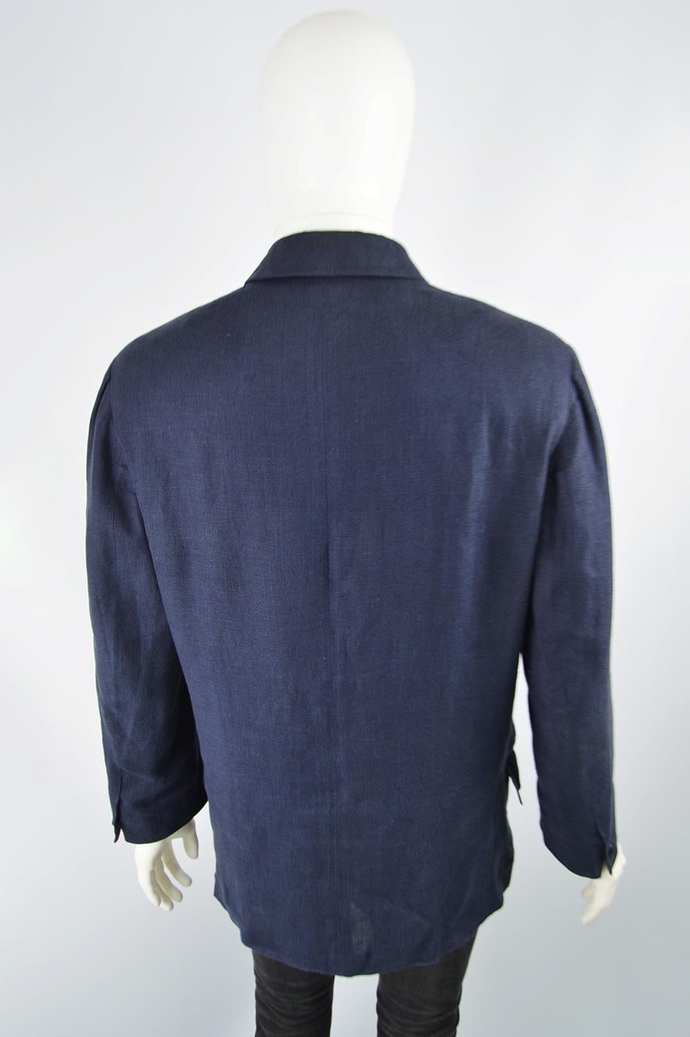 Gianni Versace Men's Vintage Dark Blue Linen Minimalist Chore Jacket For Sale 2