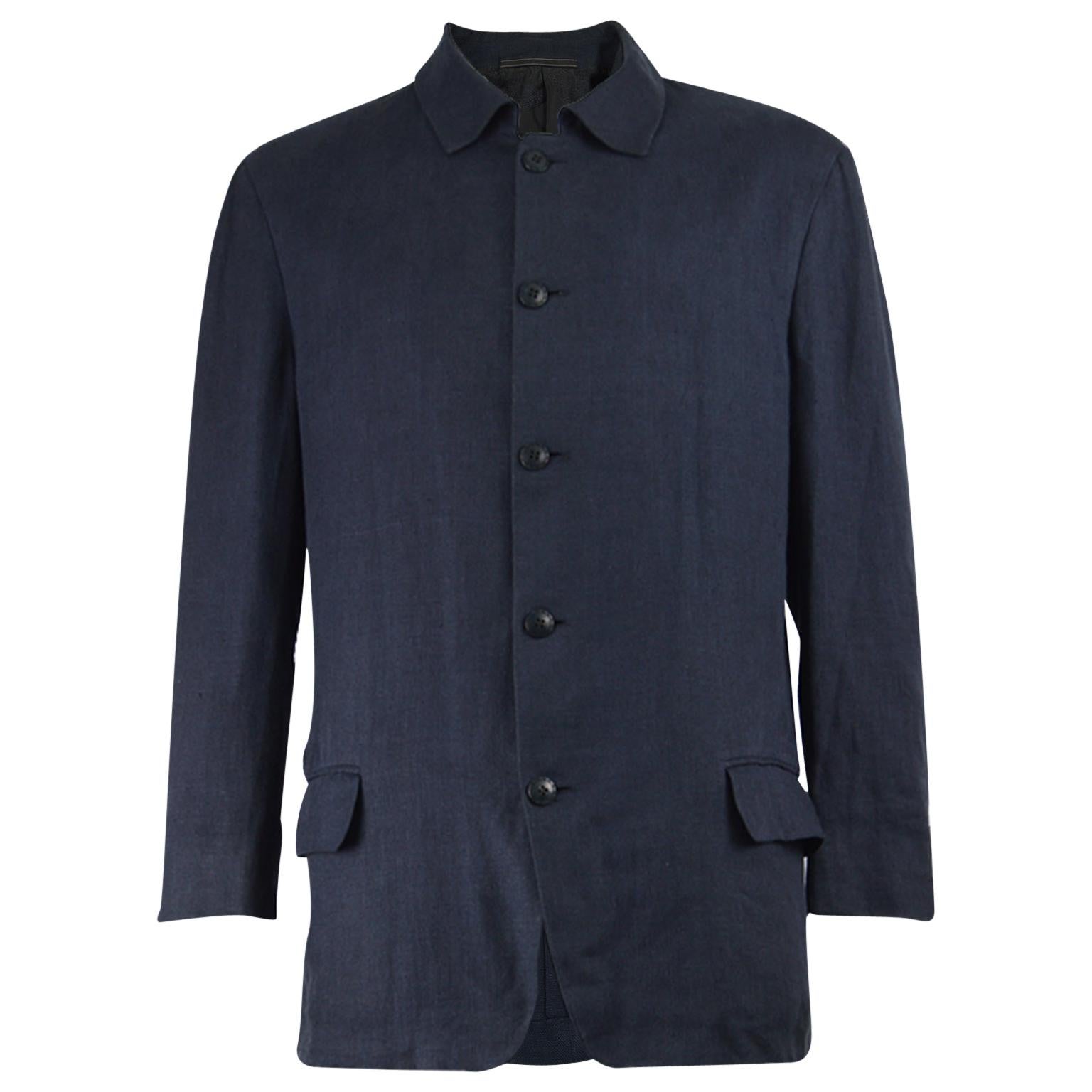 Gianni Versace Men's Vintage Dark Blue Linen Minimalist Chore Jacket For Sale