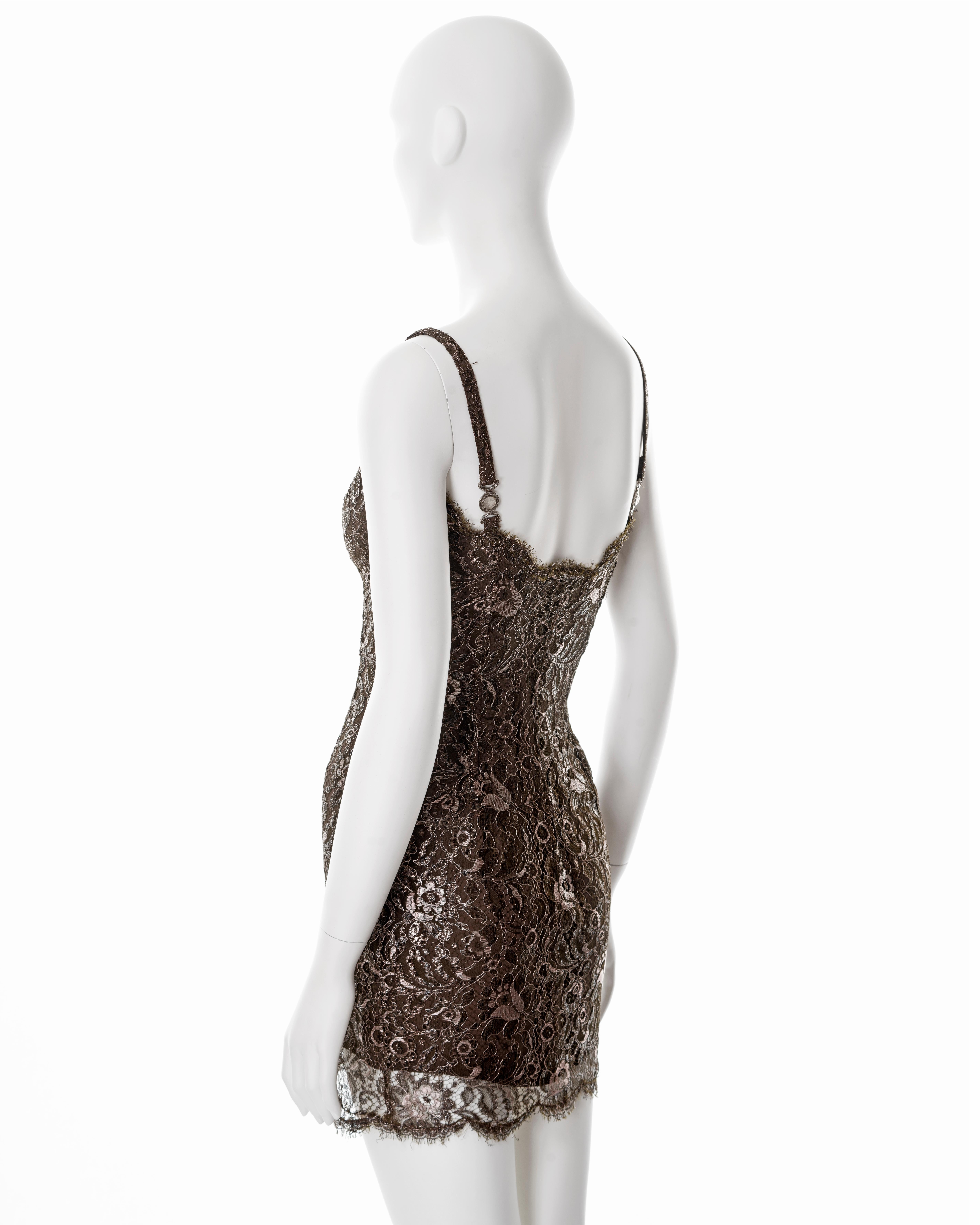 Gianni Versace metallic brown lace evening mini dress, fw 1996 For Sale 7