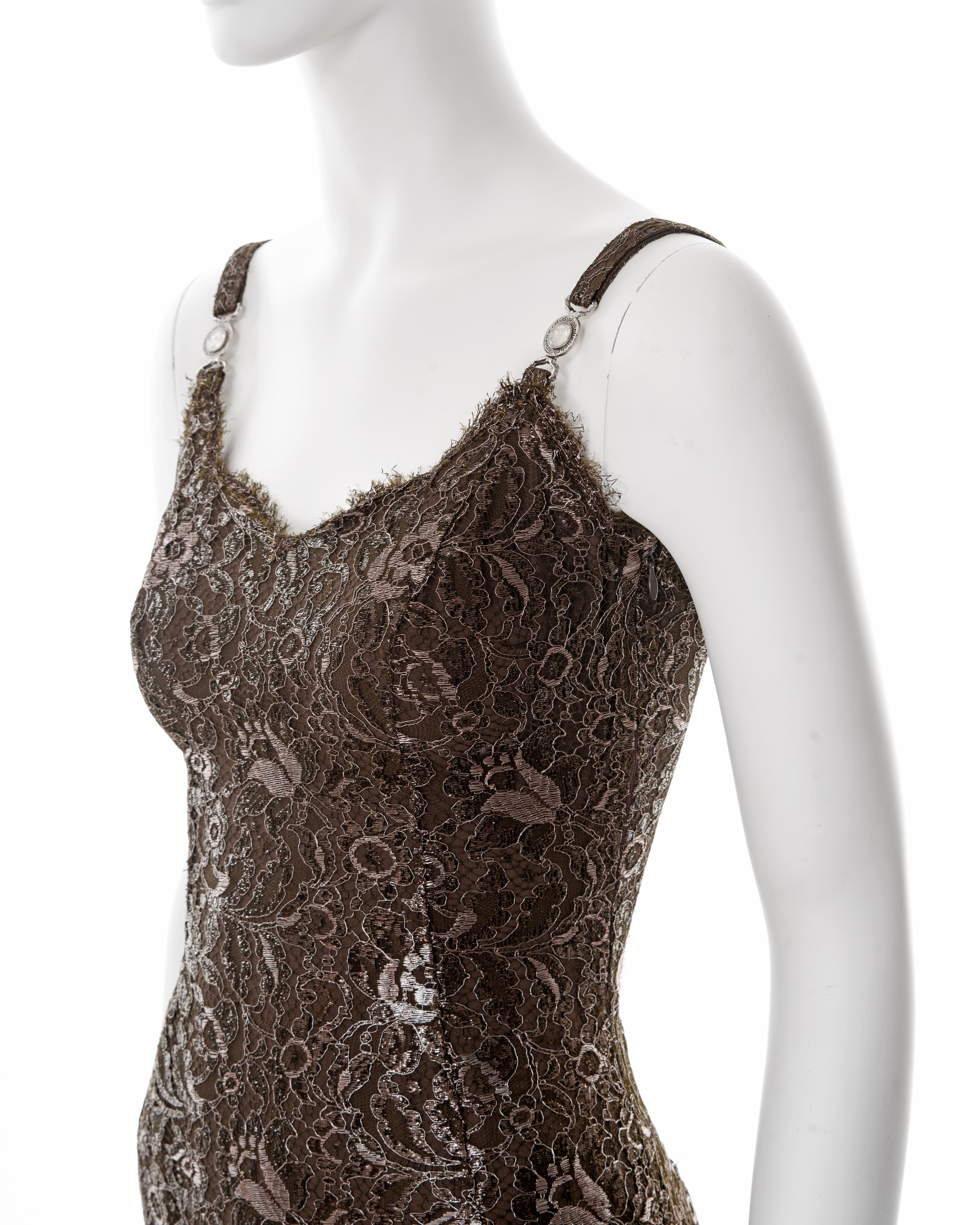 Gianni Versace metallic brown lace evening mini dress, fw 1996 For Sale 9