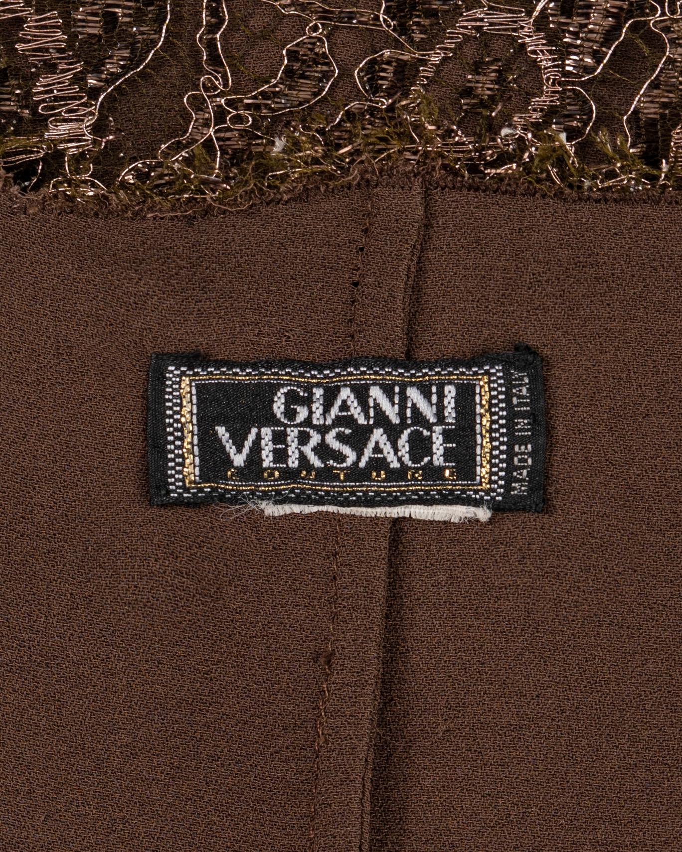 Gianni Versace metallic brown lace evening mini dress, fw 1996 For Sale 10