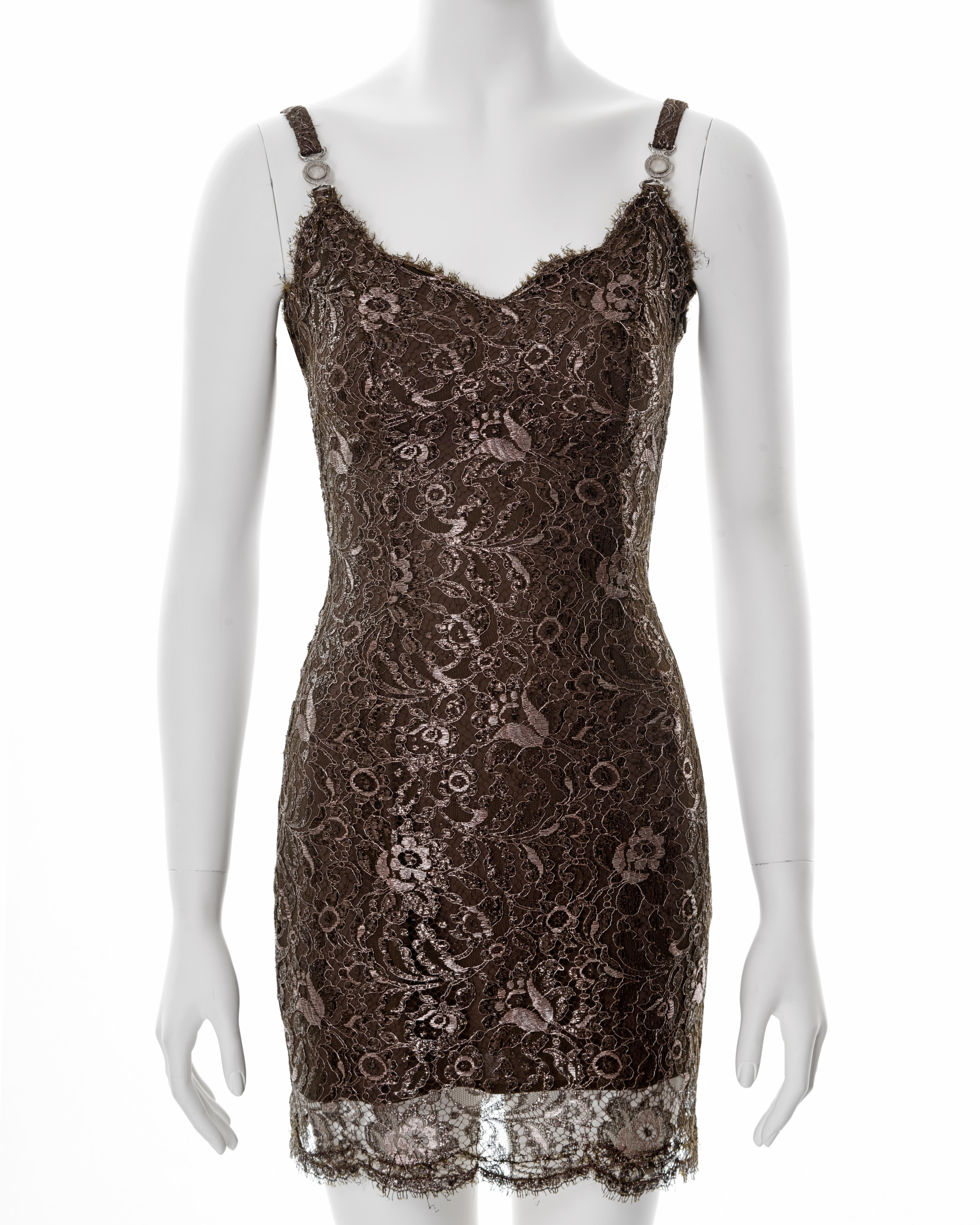 Gianni Versace metallic brown lace evening mini dress, fw 1996 In Good Condition For Sale In London, GB