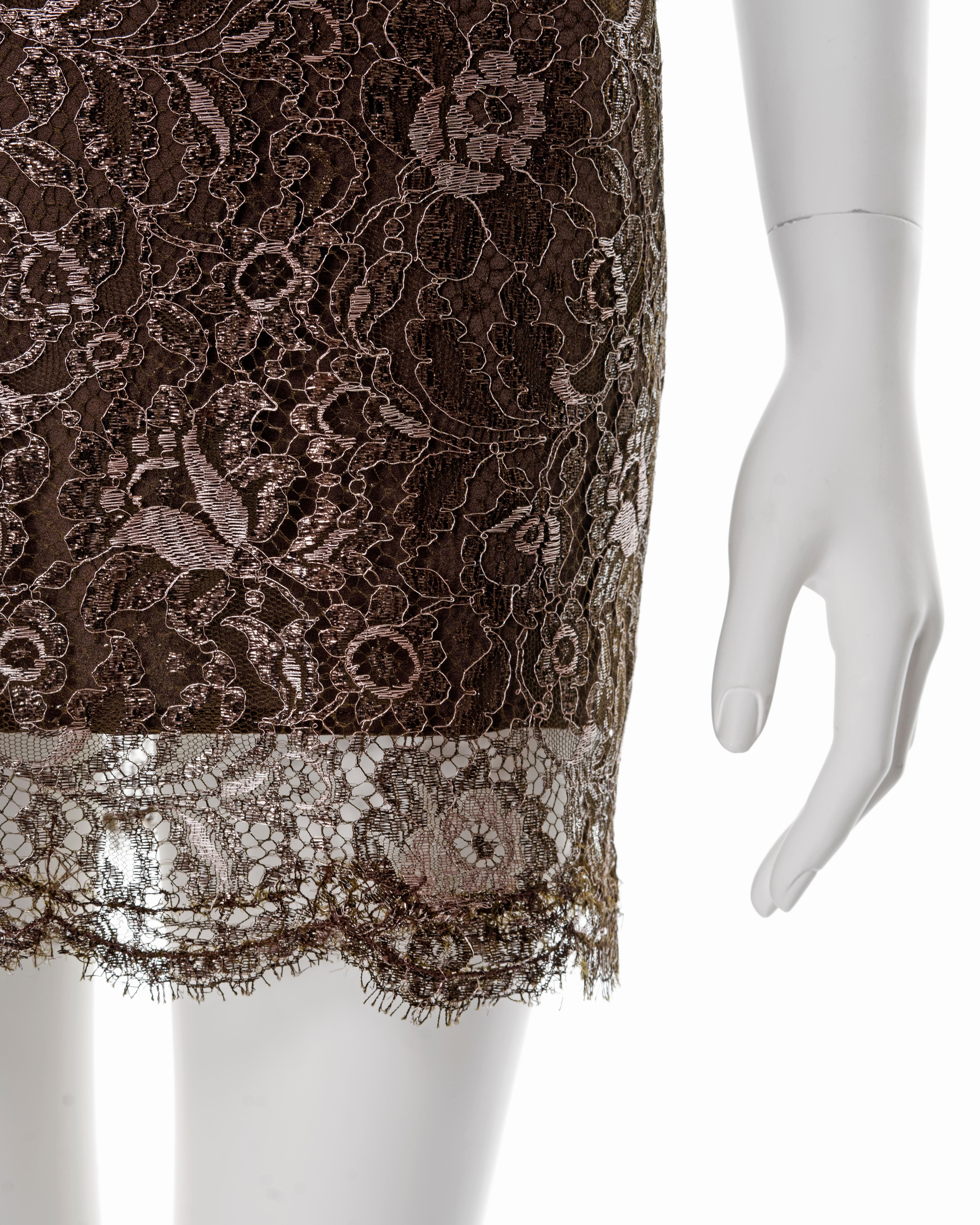 Women's Gianni Versace metallic brown lace evening mini dress, fw 1996 For Sale