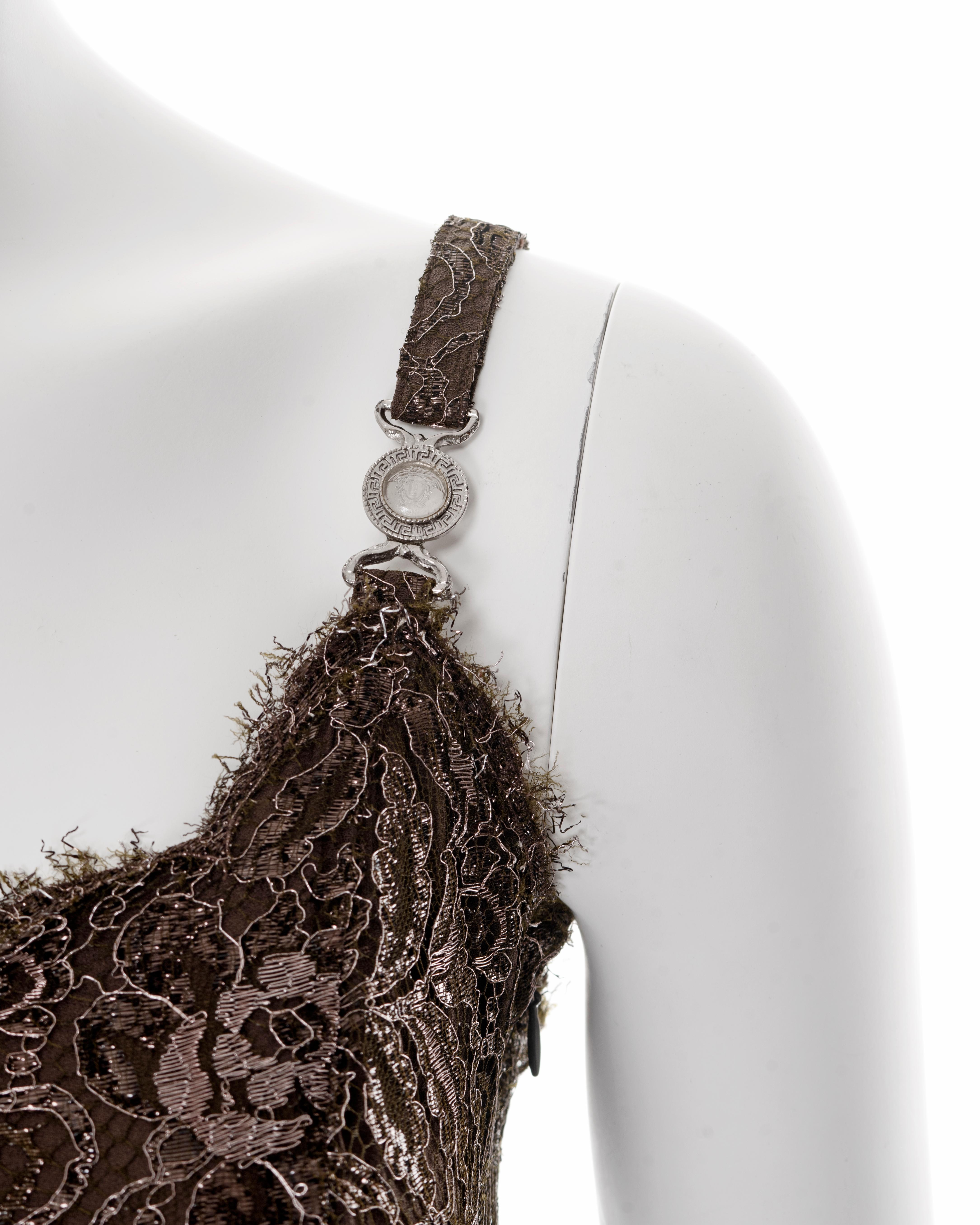 Gianni Versace metallic brown lace evening mini dress, fw 1996 For Sale 1