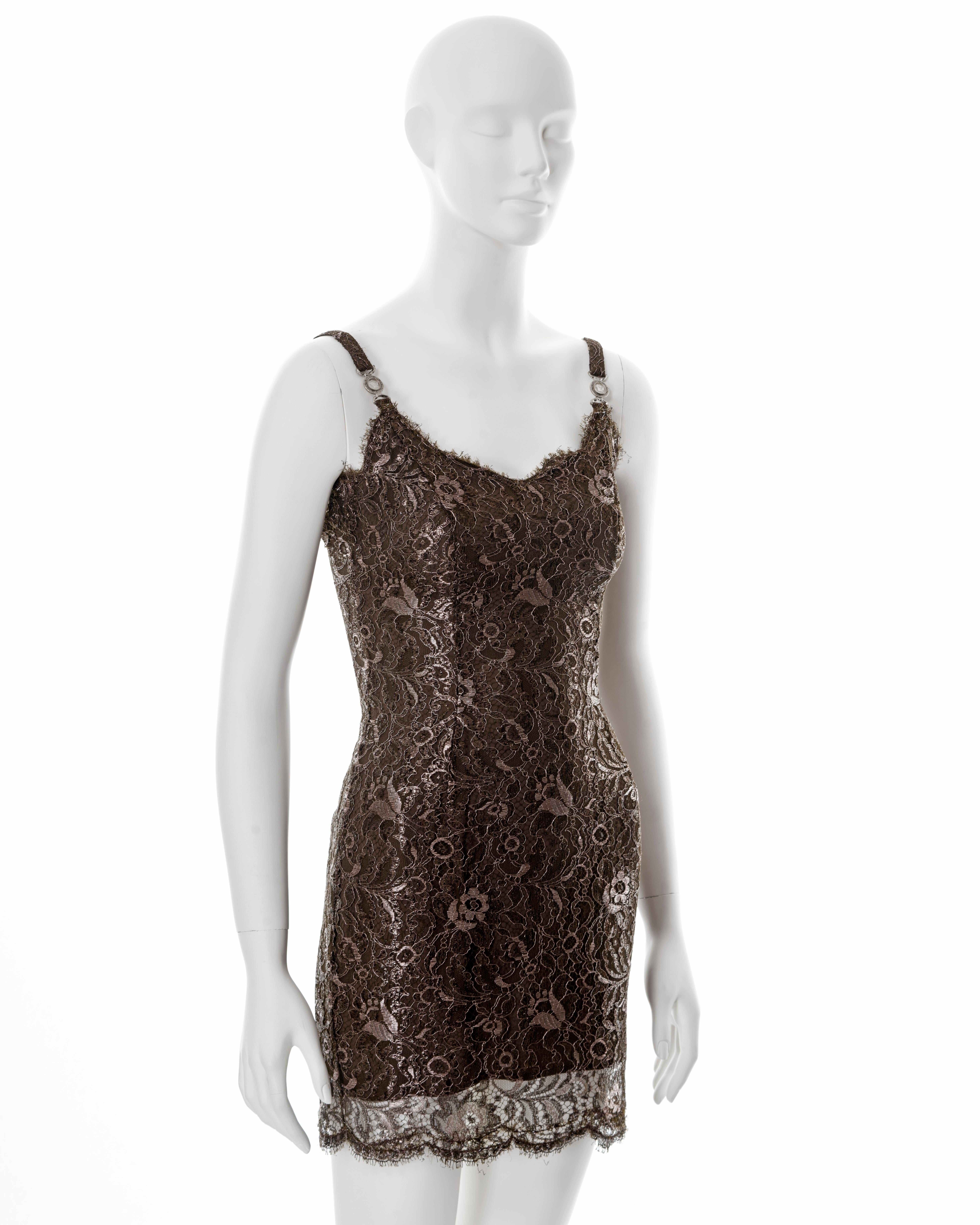 Gianni Versace metallic brown lace evening mini dress, fw 1996 For Sale 2