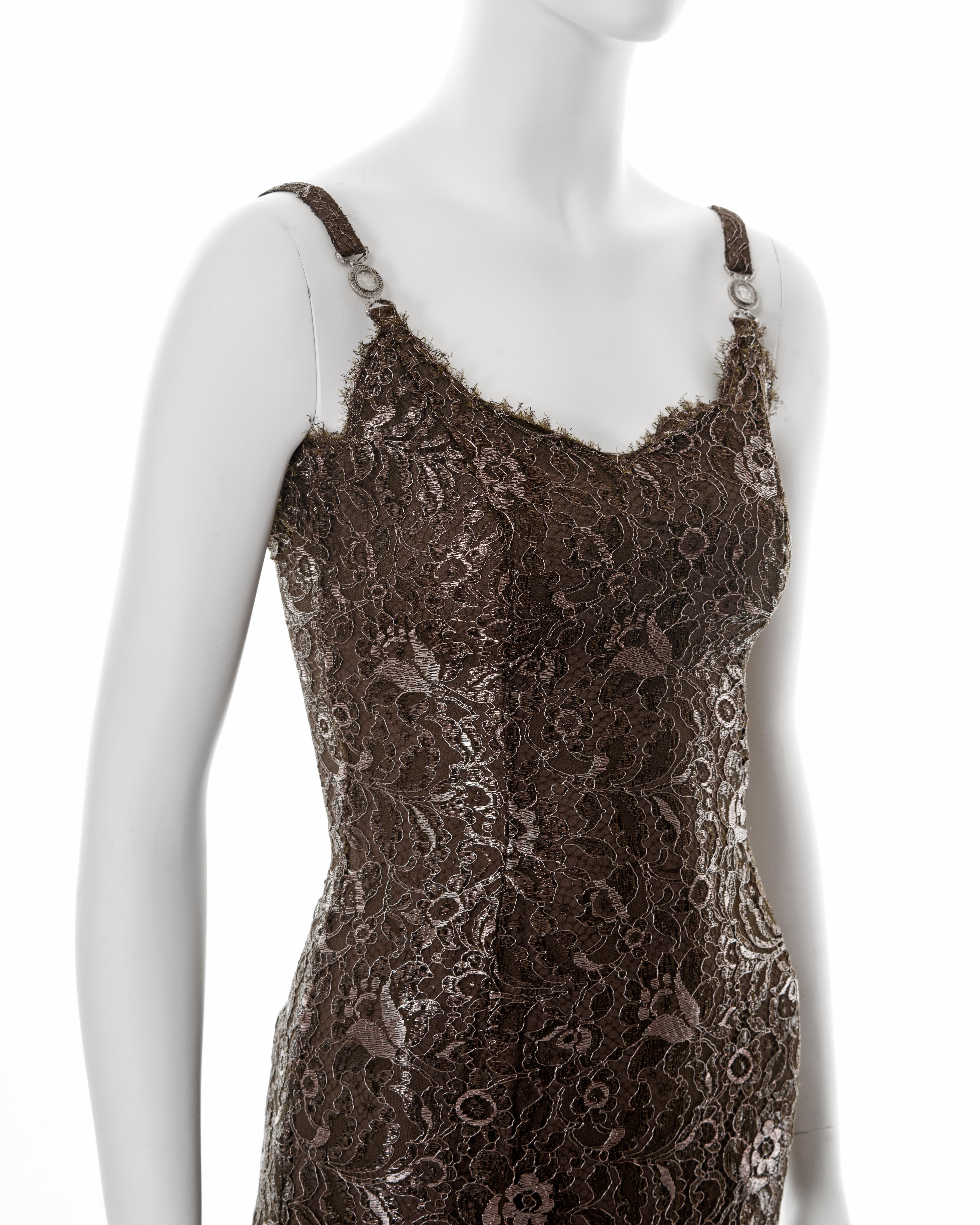 Gianni Versace metallic brown lace evening mini dress, fw 1996 For Sale 3