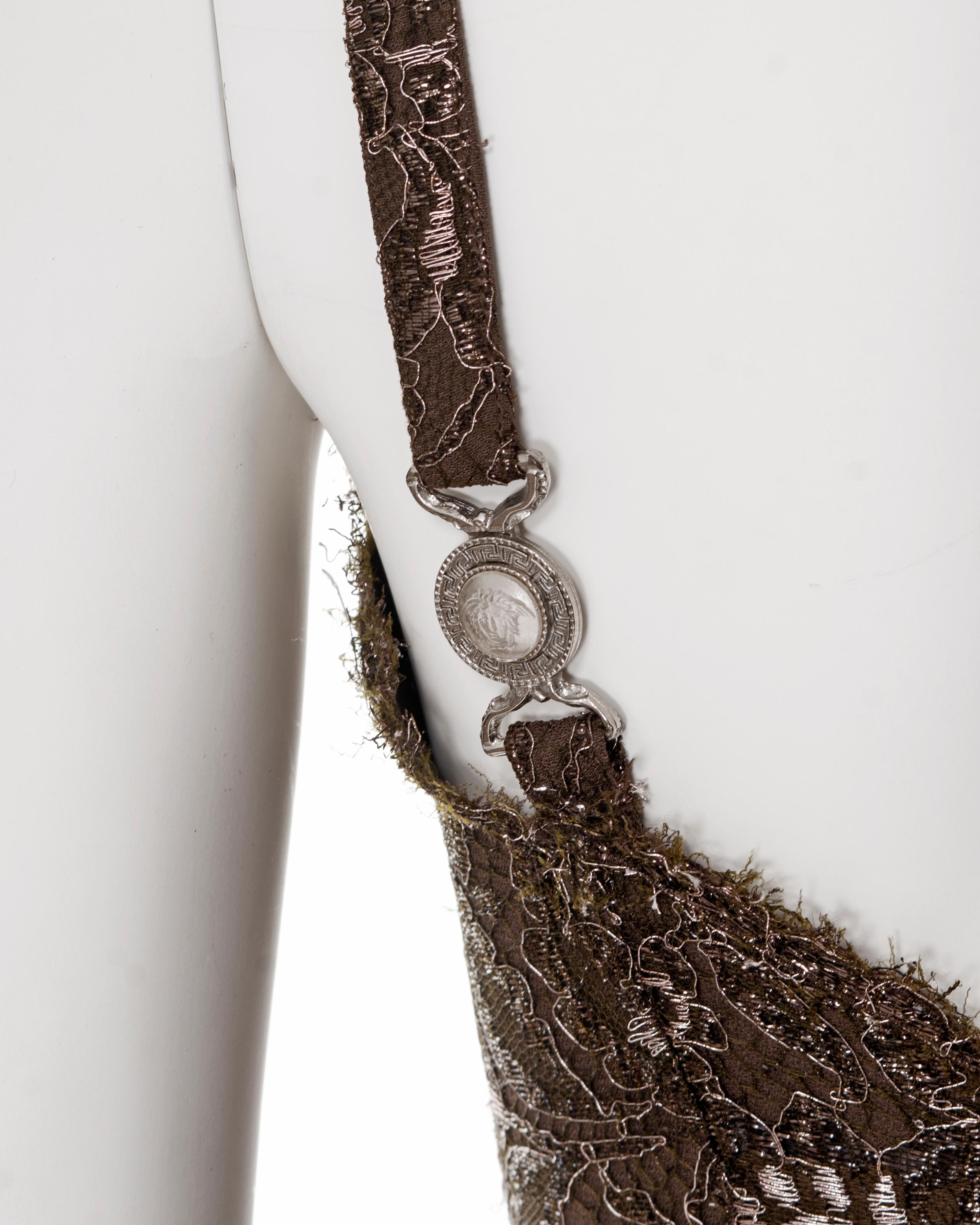 Gianni Versace metallic brown lace evening mini dress, fw 1996 For Sale 4