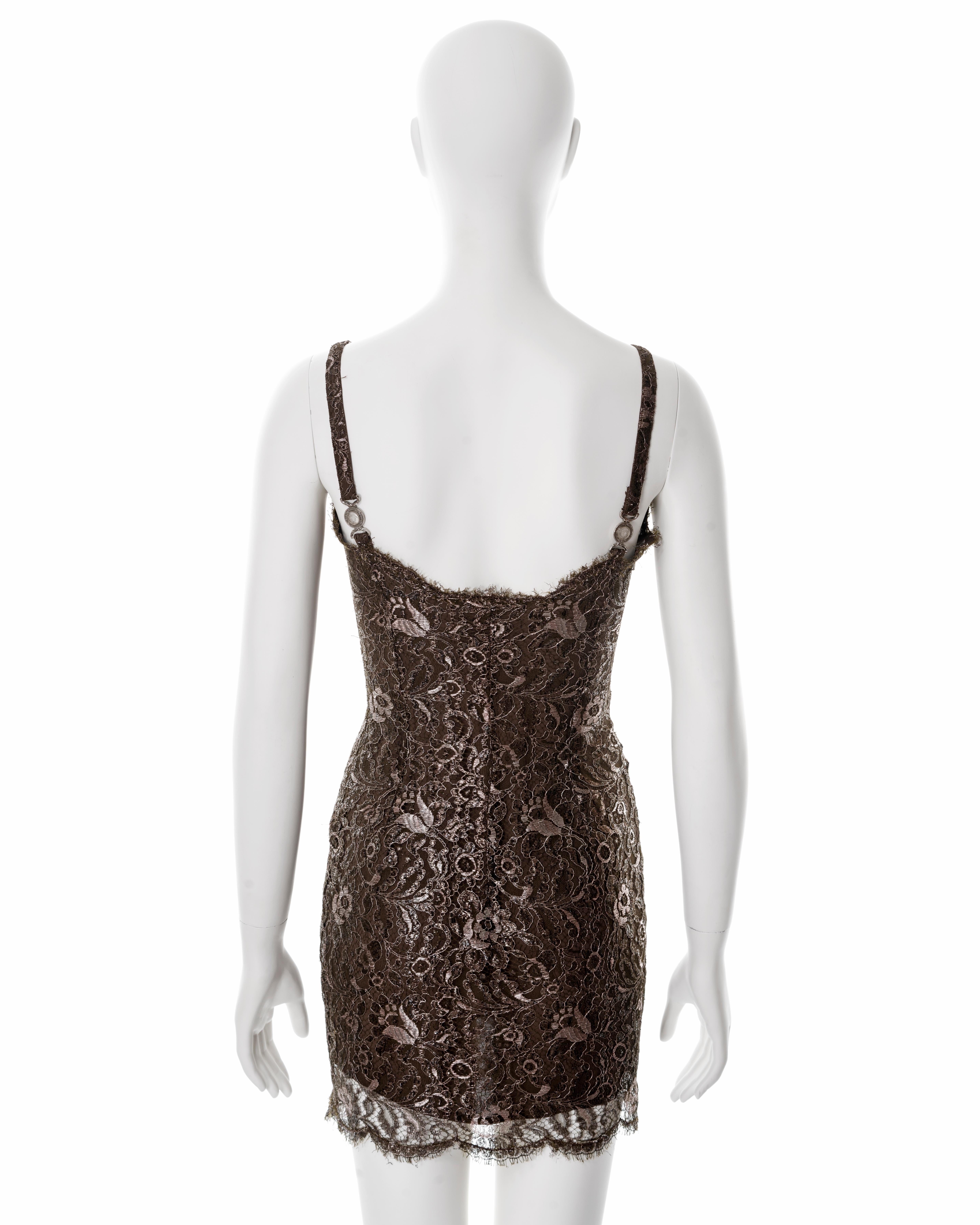 Gianni Versace metallic brown lace evening mini dress, fw 1996 For Sale 5
