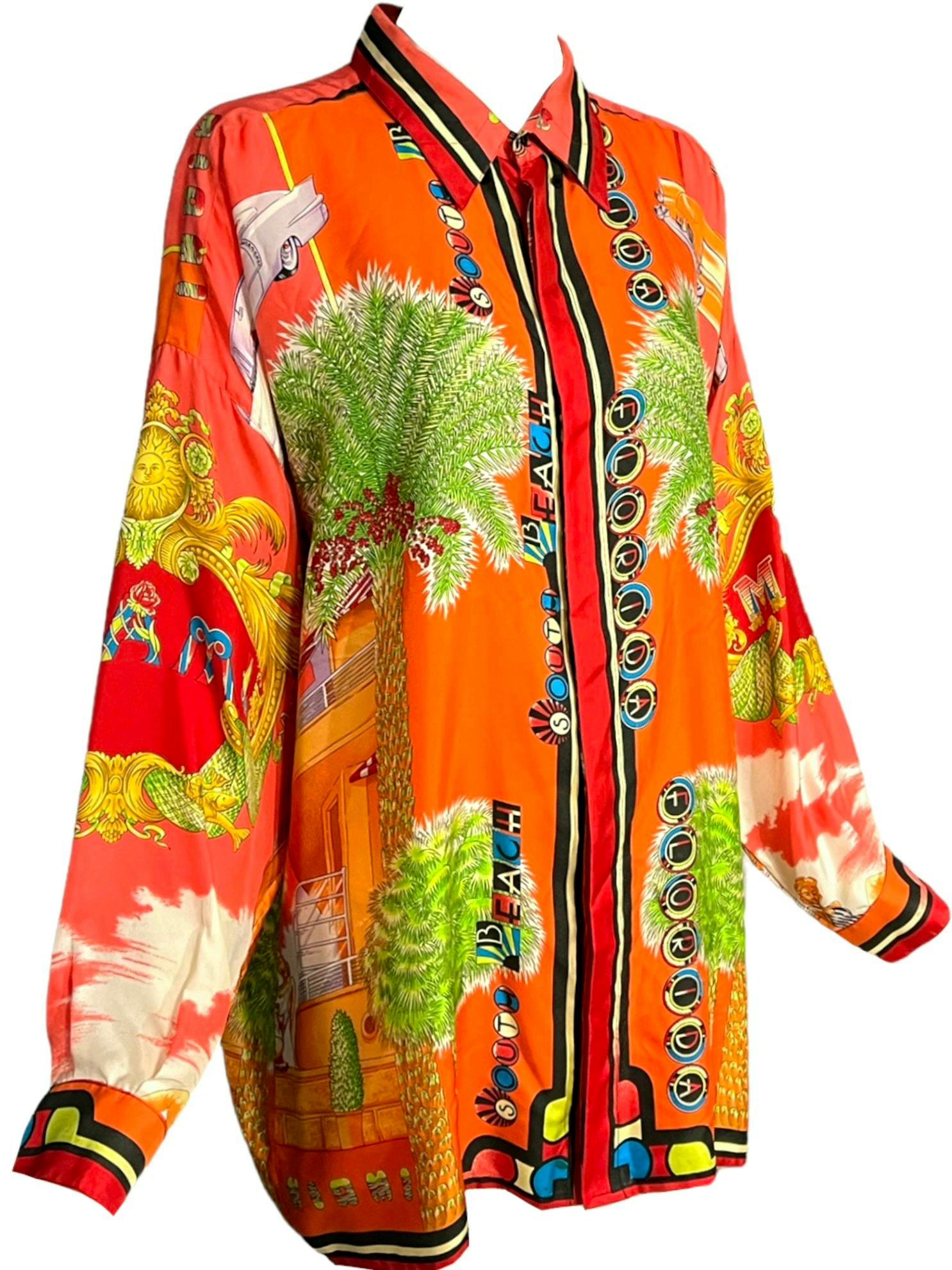Gianni Versace Miami Silk Shirt Tropical South Beach 1993 Men's IT52 XL 1