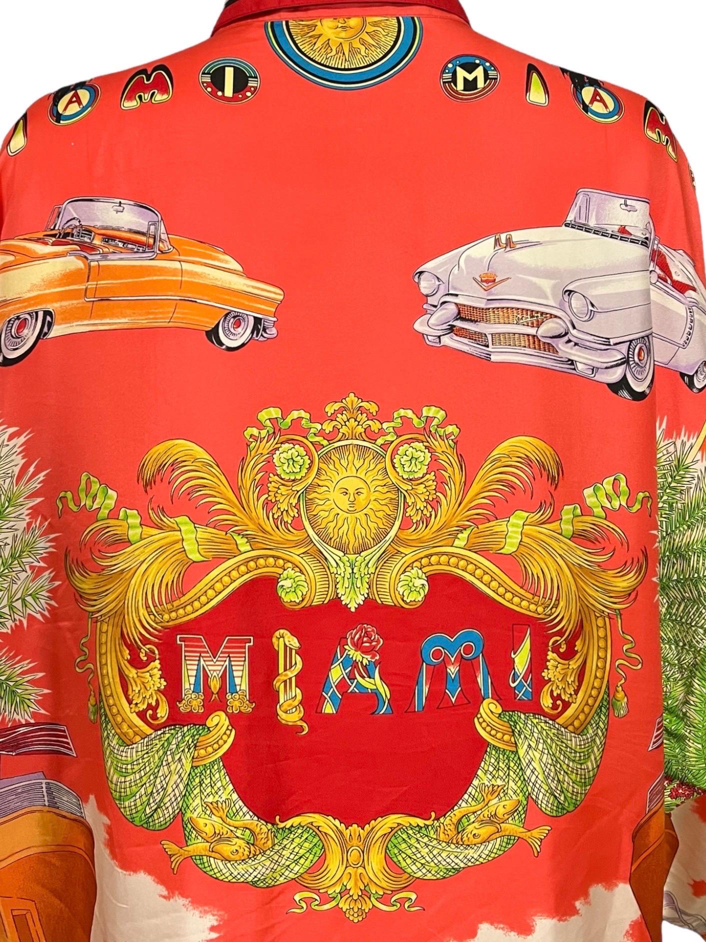 Orange Gianni Versace Miami Silk Shirt Tropical South Beach 1993 Men's IT52 XL