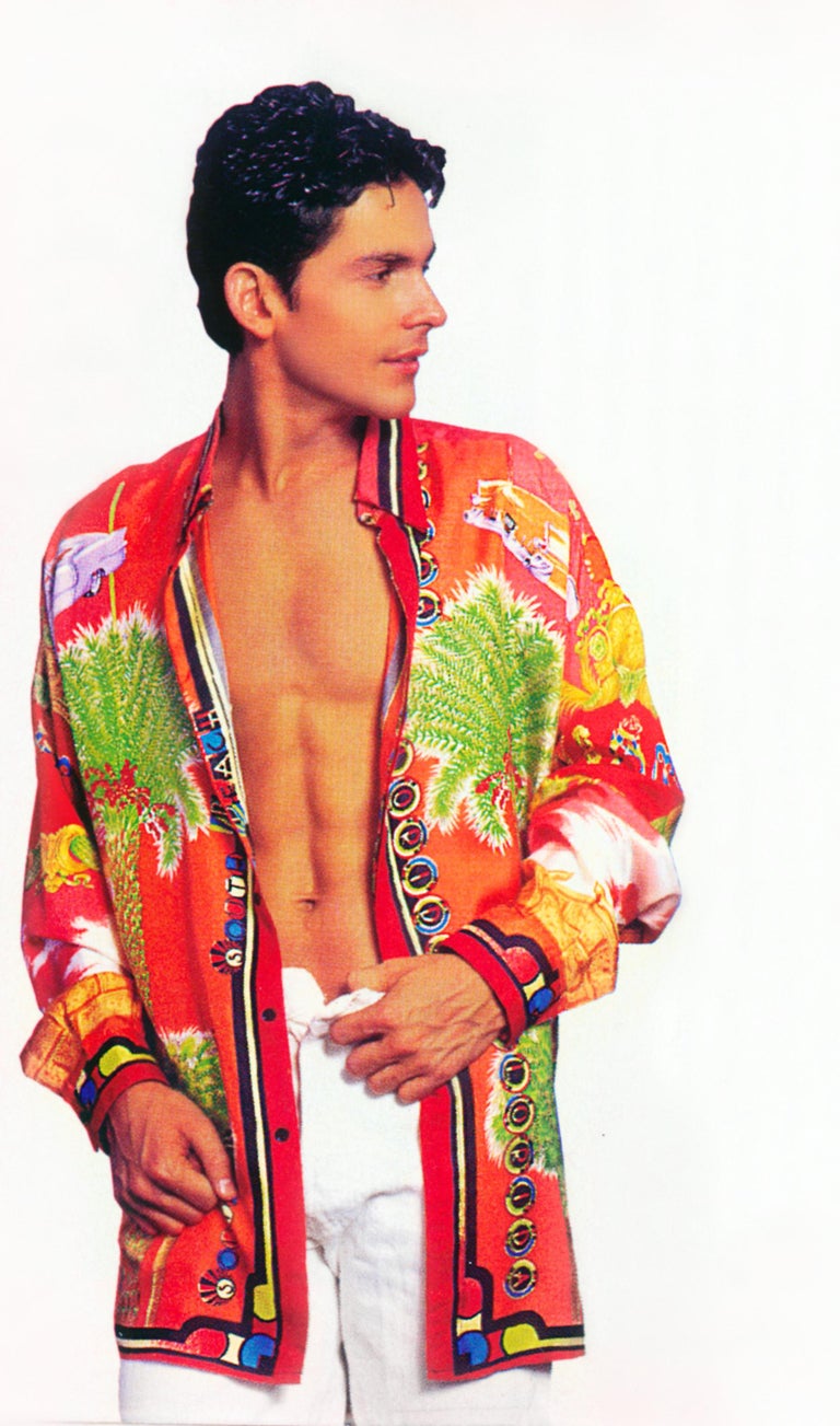 Gianni Versace Miami Silk Shirt Tropical South Beach 1993 Men's IT52 XL