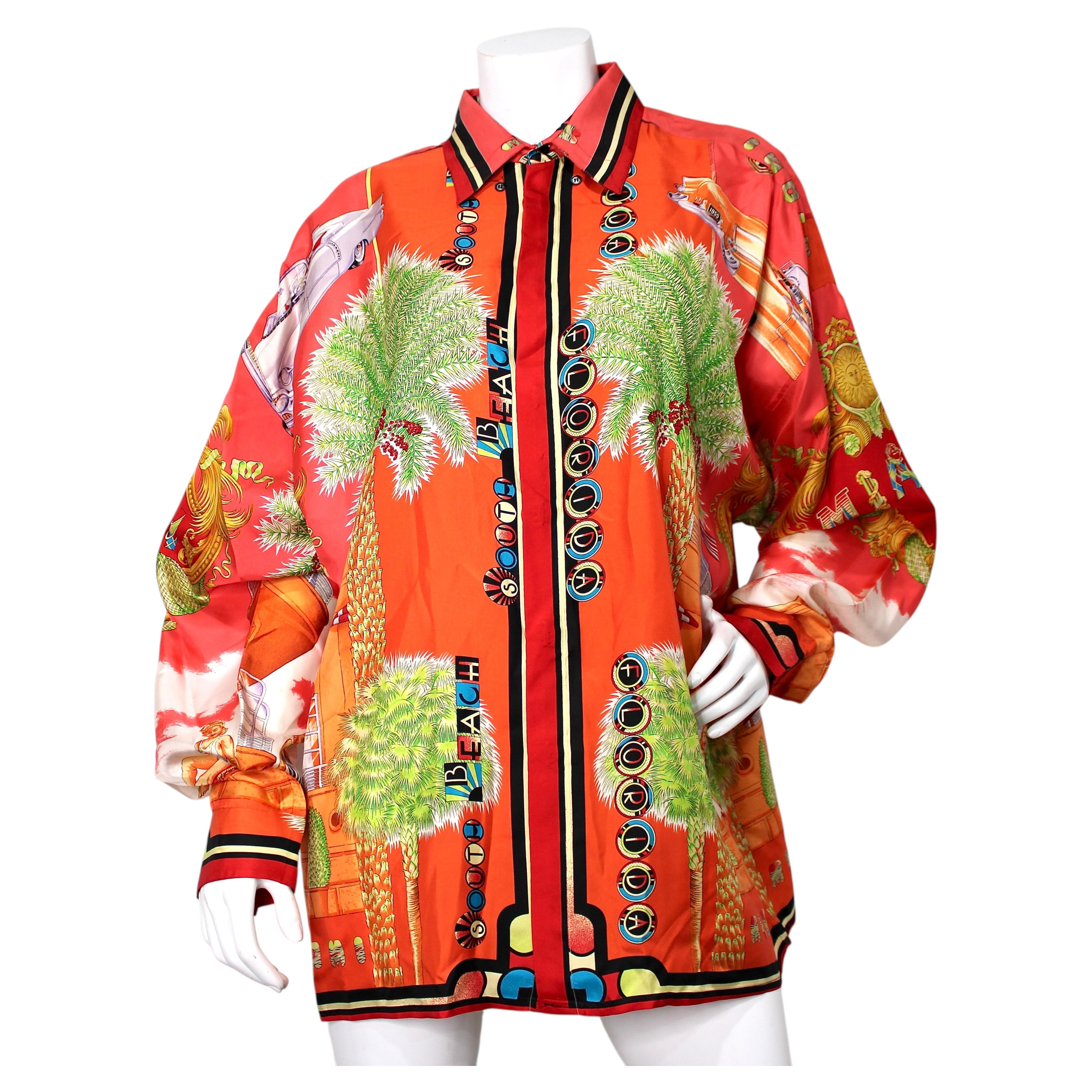 Gianni Versace Miami Tropical South Beach Print Silk Button-Up Shirt circa 1993