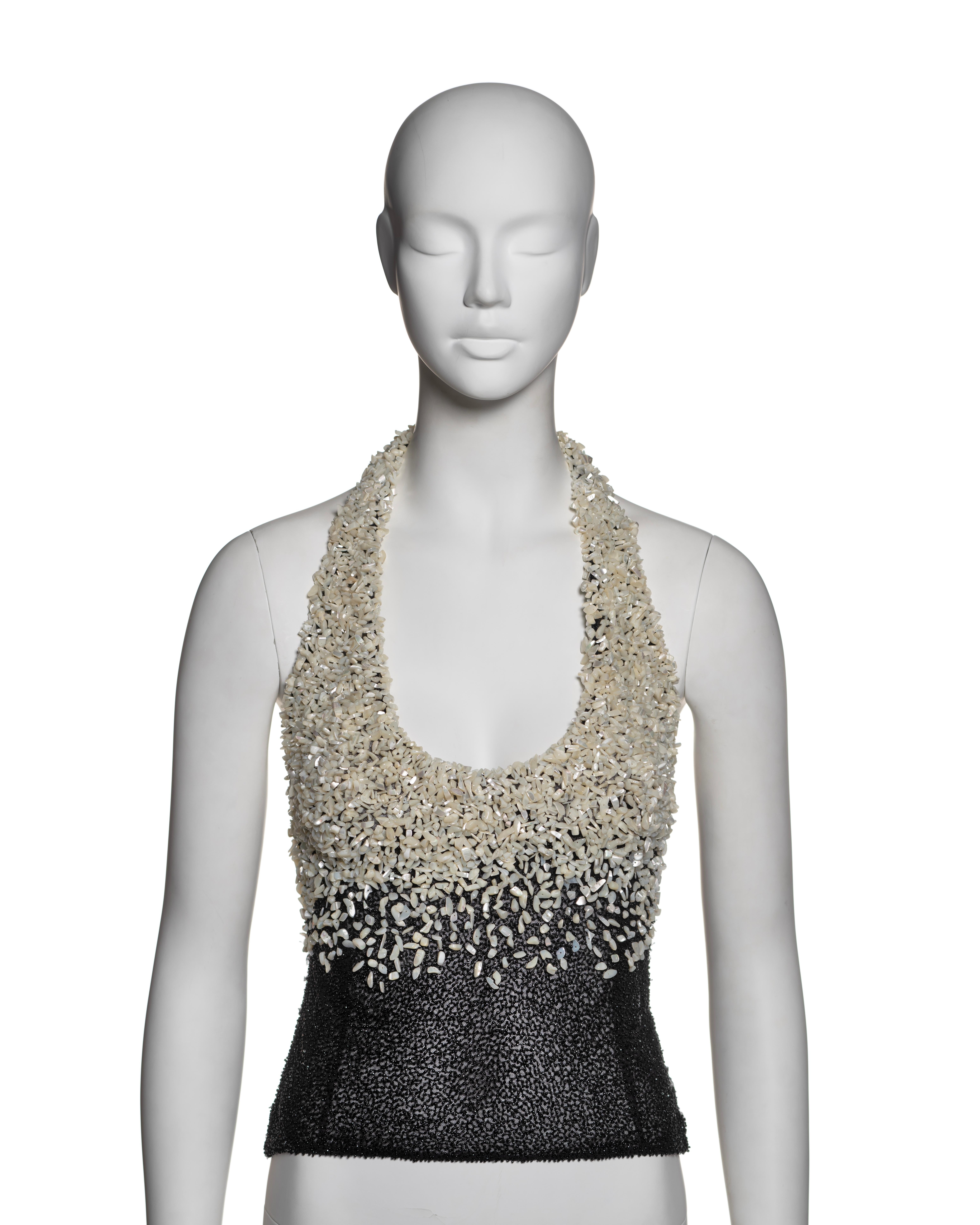 Gray Gianni Versace Mother of Pearl Bead Embellished Evening Halter Top, FW 1999