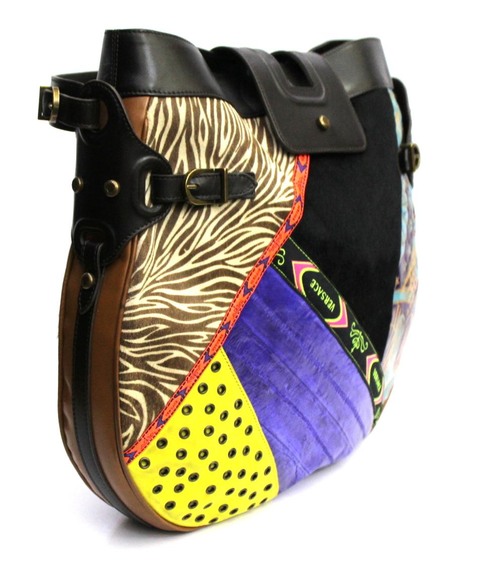 Black Gianni Versace Multicolor Leather and Suede Shoulder Bag