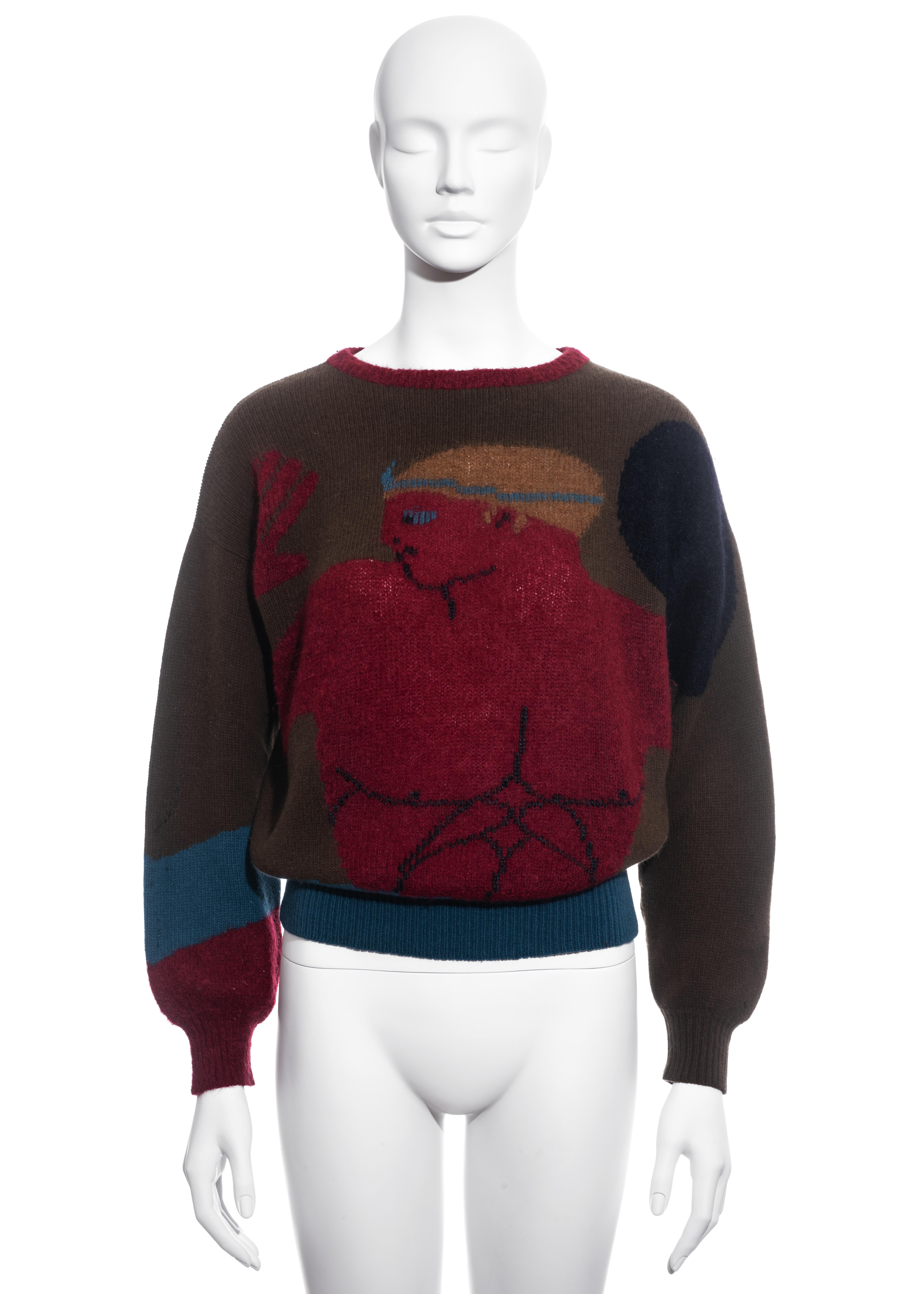 ▪ Knitted mohair sweater 
▪ Brown, red and turquoise 
▪ Ancient Greek mythology theme
▪ Small
▪ Fall-Winter 1982