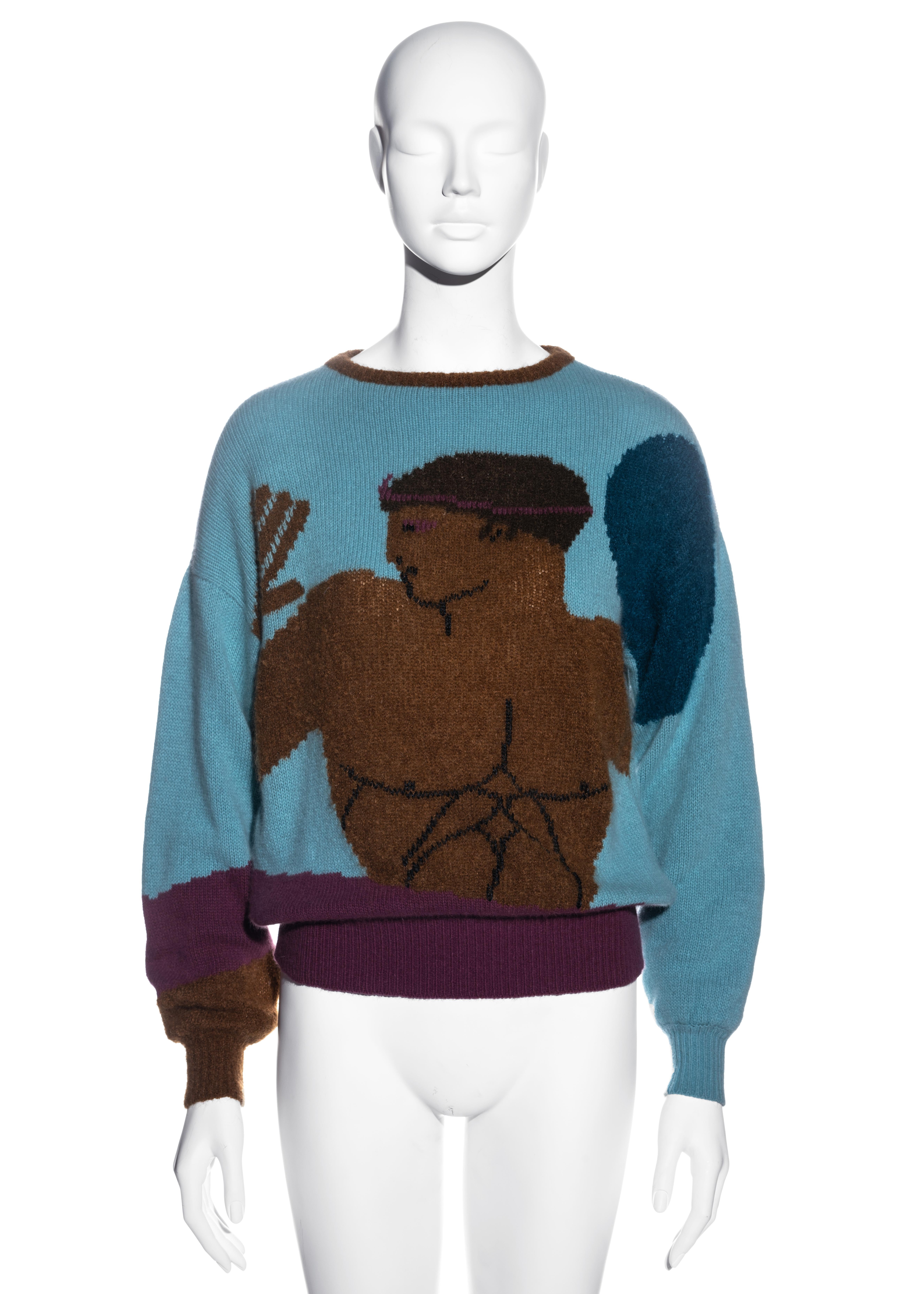▪ Gianni Versace multicoloured knitted sweater
▪ 49% Wool, 27% Mohair, 17% Angora, 7% Nylon
▪ Blue, purple and brown
▪ Ancient Greek mythology theme
▪ Medium
▪ Fall-Winter 1982