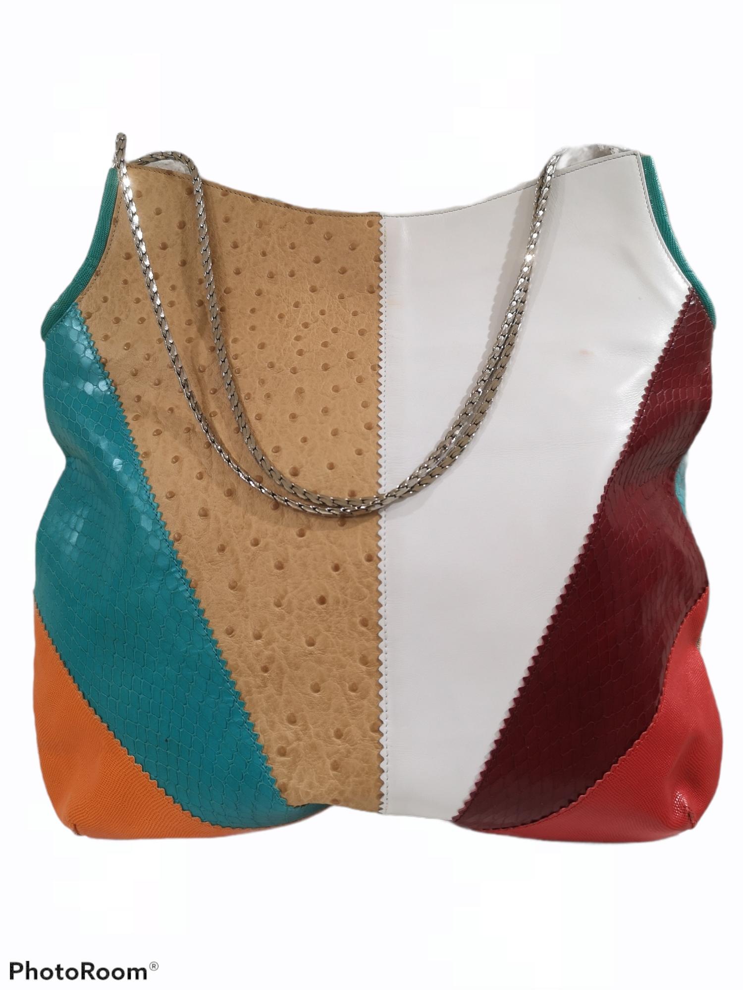 Brown Gianni Versace multicoloured ostrich and python skin stamp shoulder bag