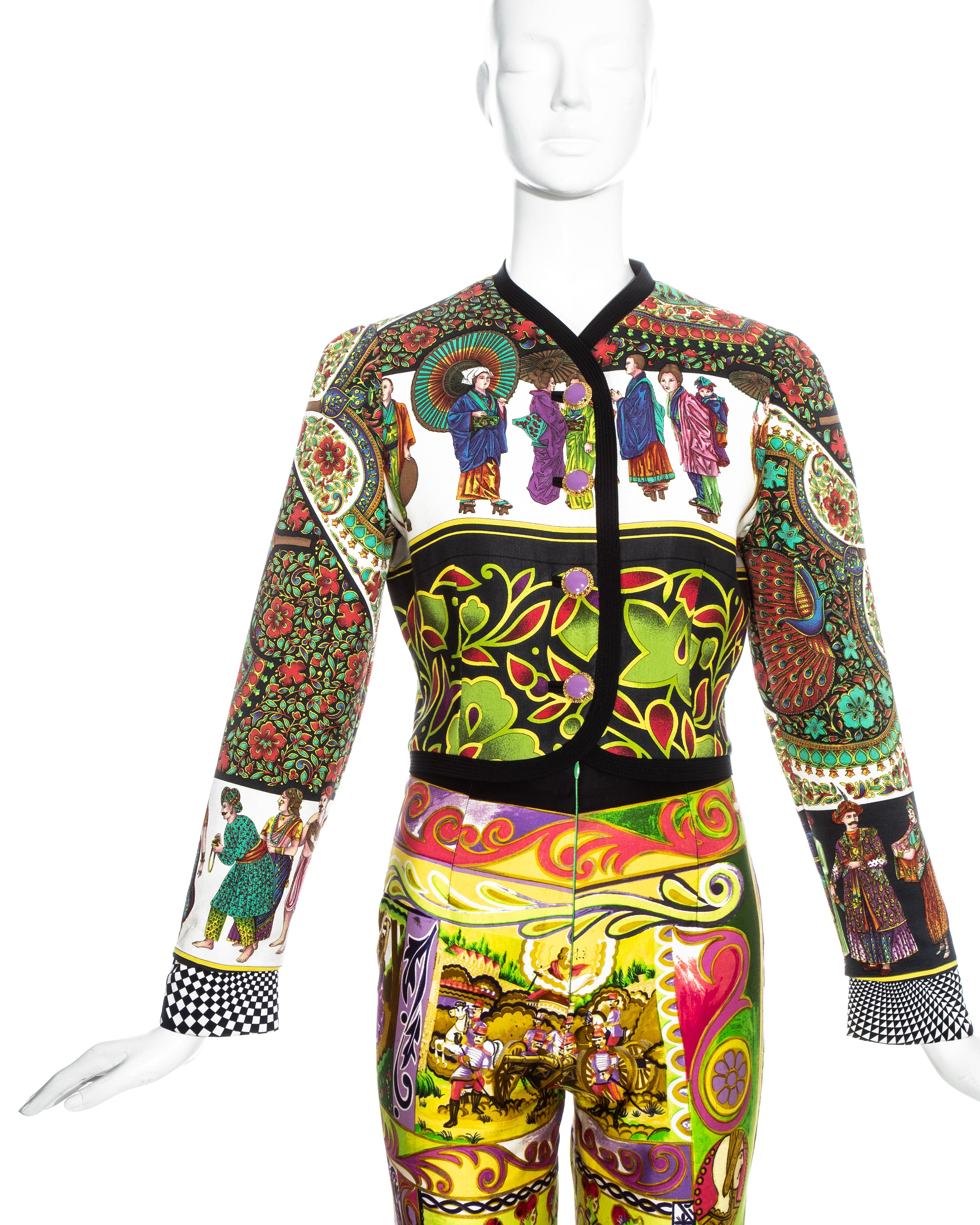Marron Costume pantalon en soie multicolore Gianni Versace, P/E 1992 en vente