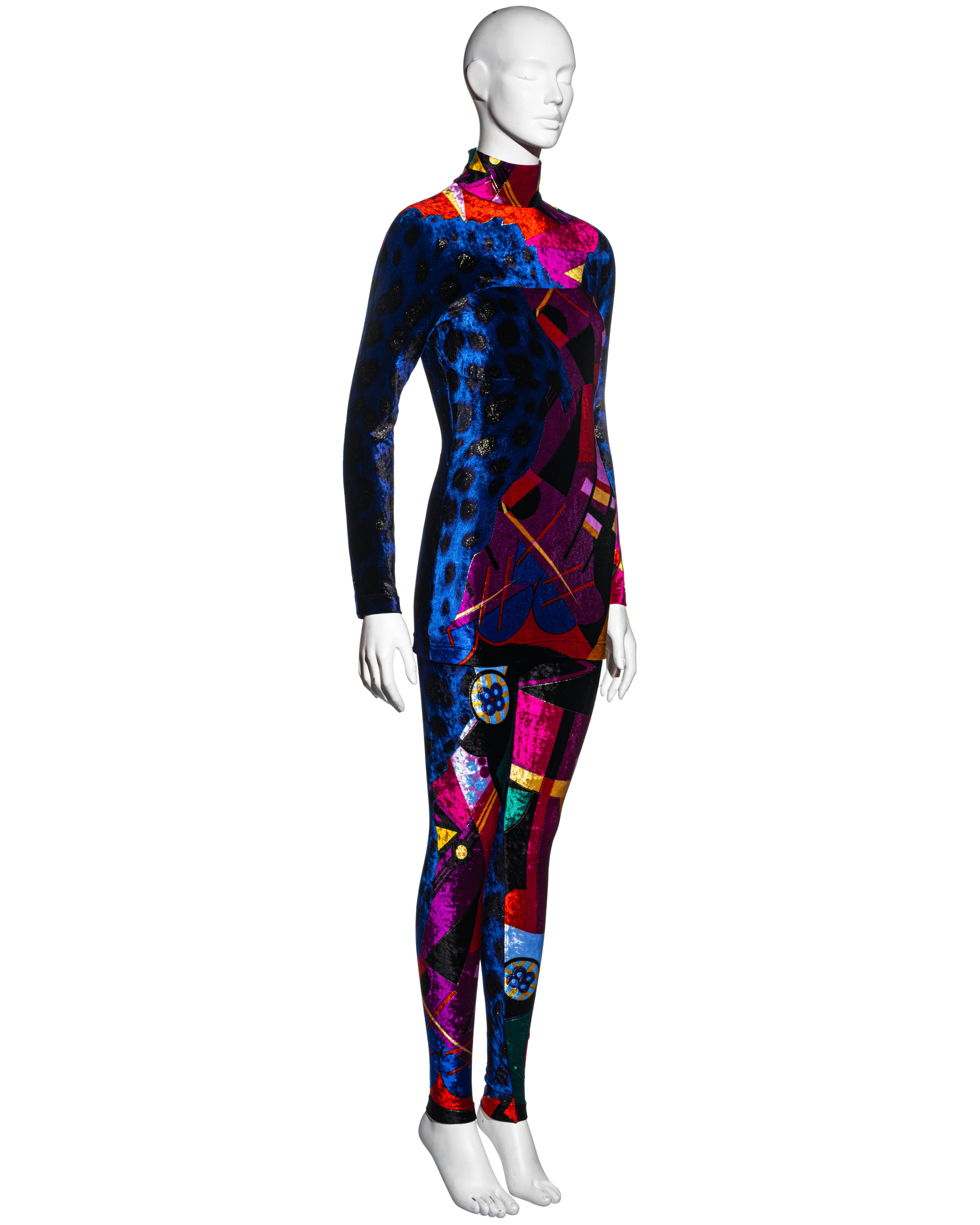 Gianni Versace - Ensemble mini robe et leggings en velours multicolore, automne-hiver 1992 Pour femmes en vente