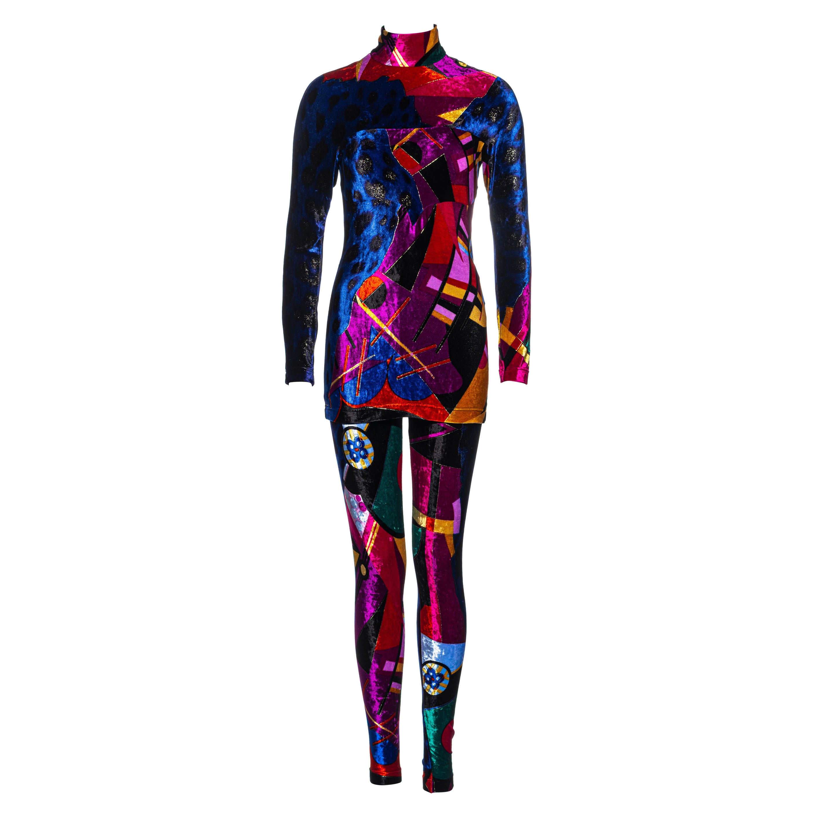 Gianni Versace, set mini abito e leggings in velluto multicolore, primavera 1992