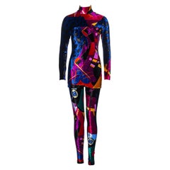 Gianni Versace conjunto de minivestido y leggings de terciopelo multicolor, fw 1992