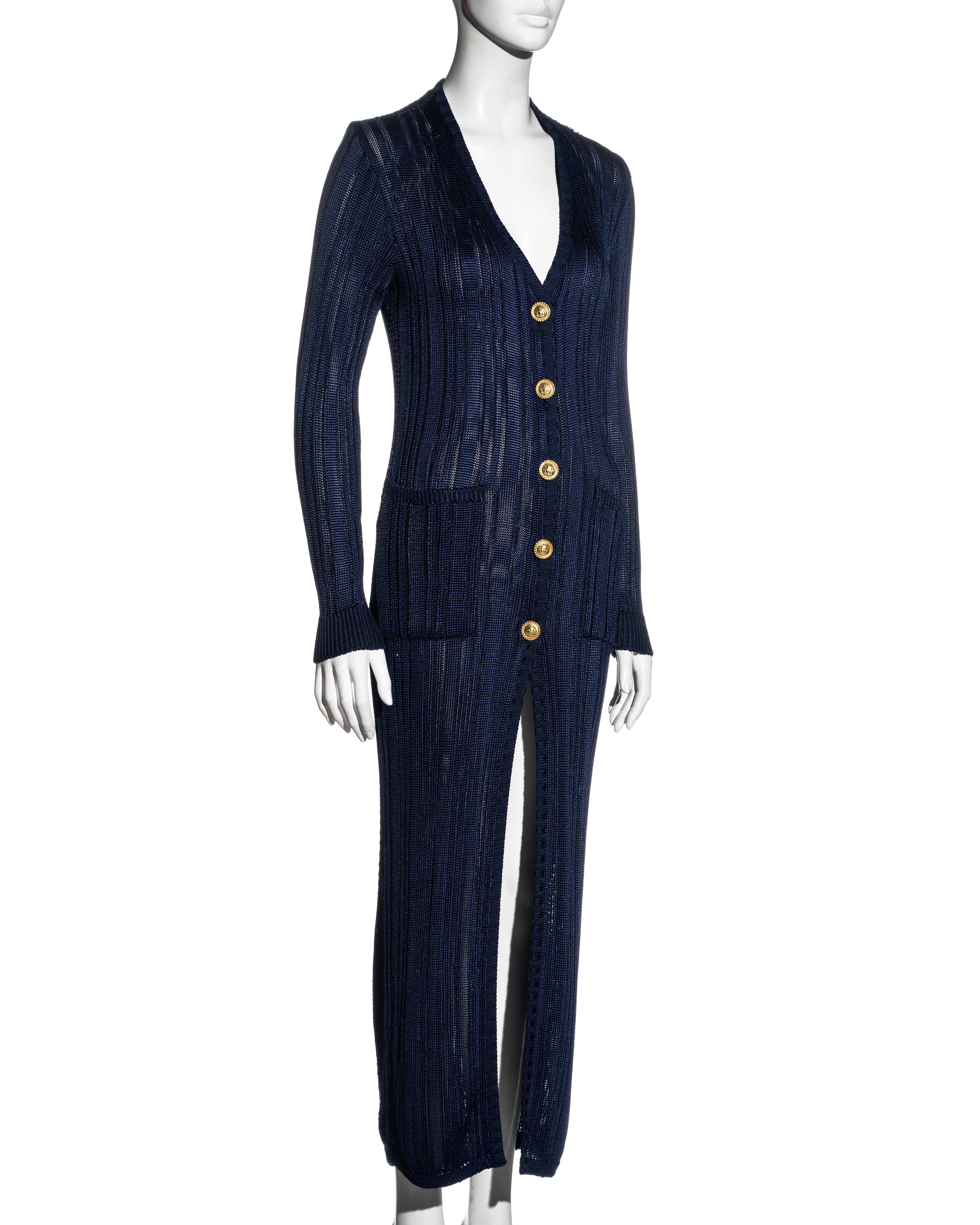 Gianni Versace navy blue open-knit bodycon dress and cardigan set, fw 1993 For Sale 2