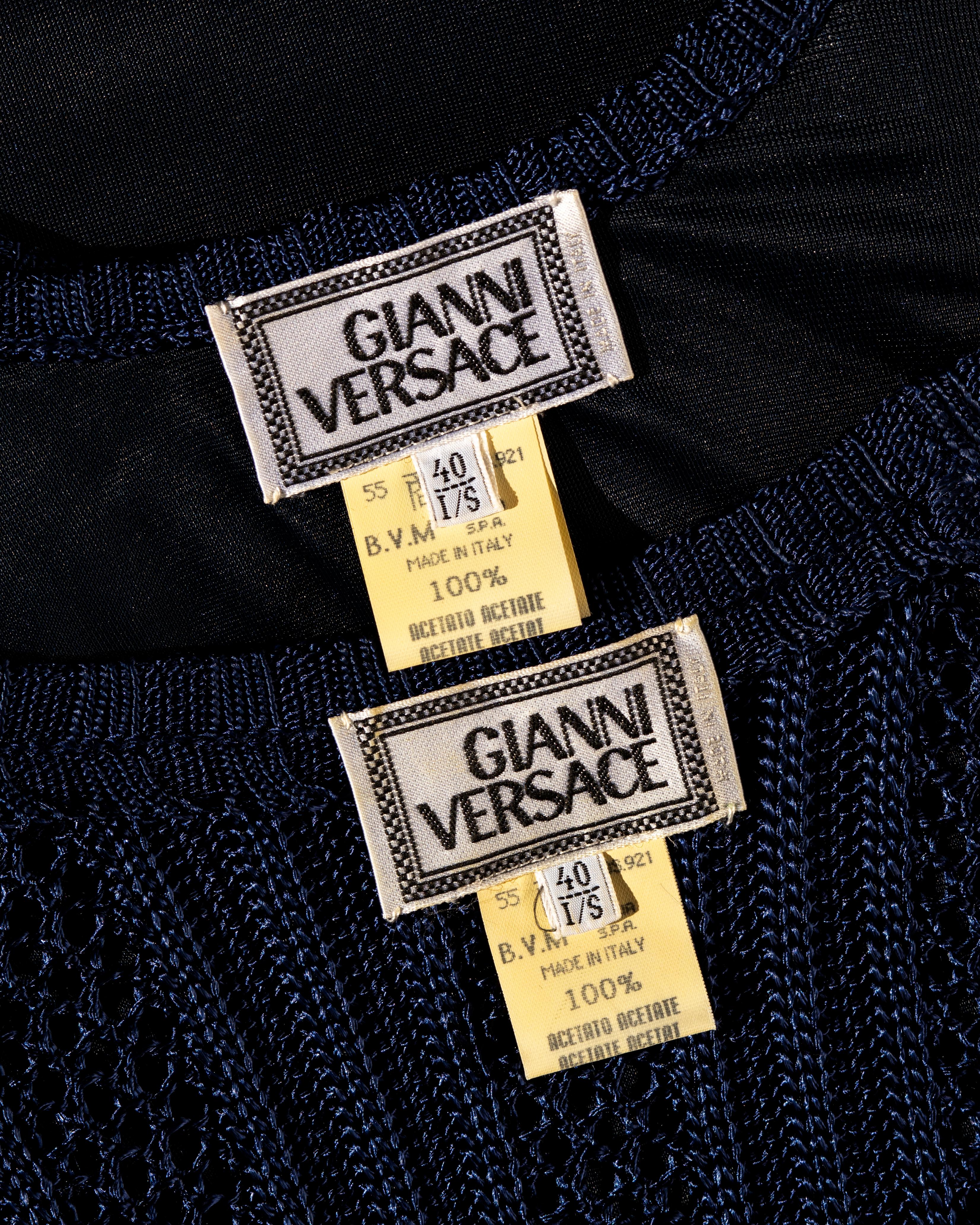 Gianni Versace navy blue open-knit bodycon dress and cardigan set, fw 1993 For Sale 8