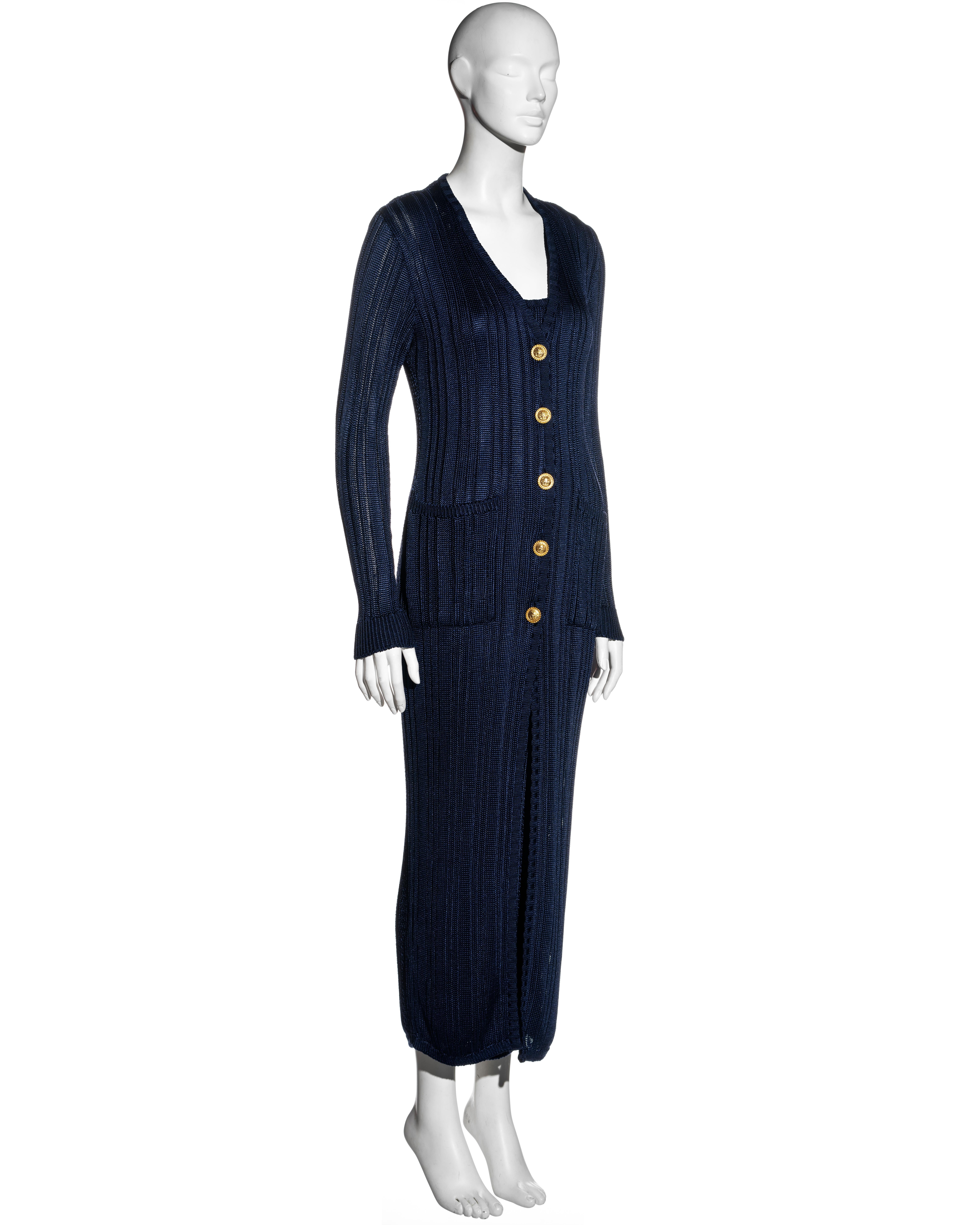 Women's Gianni Versace navy blue open-knit bodycon dress and cardigan set, fw 1993 For Sale
