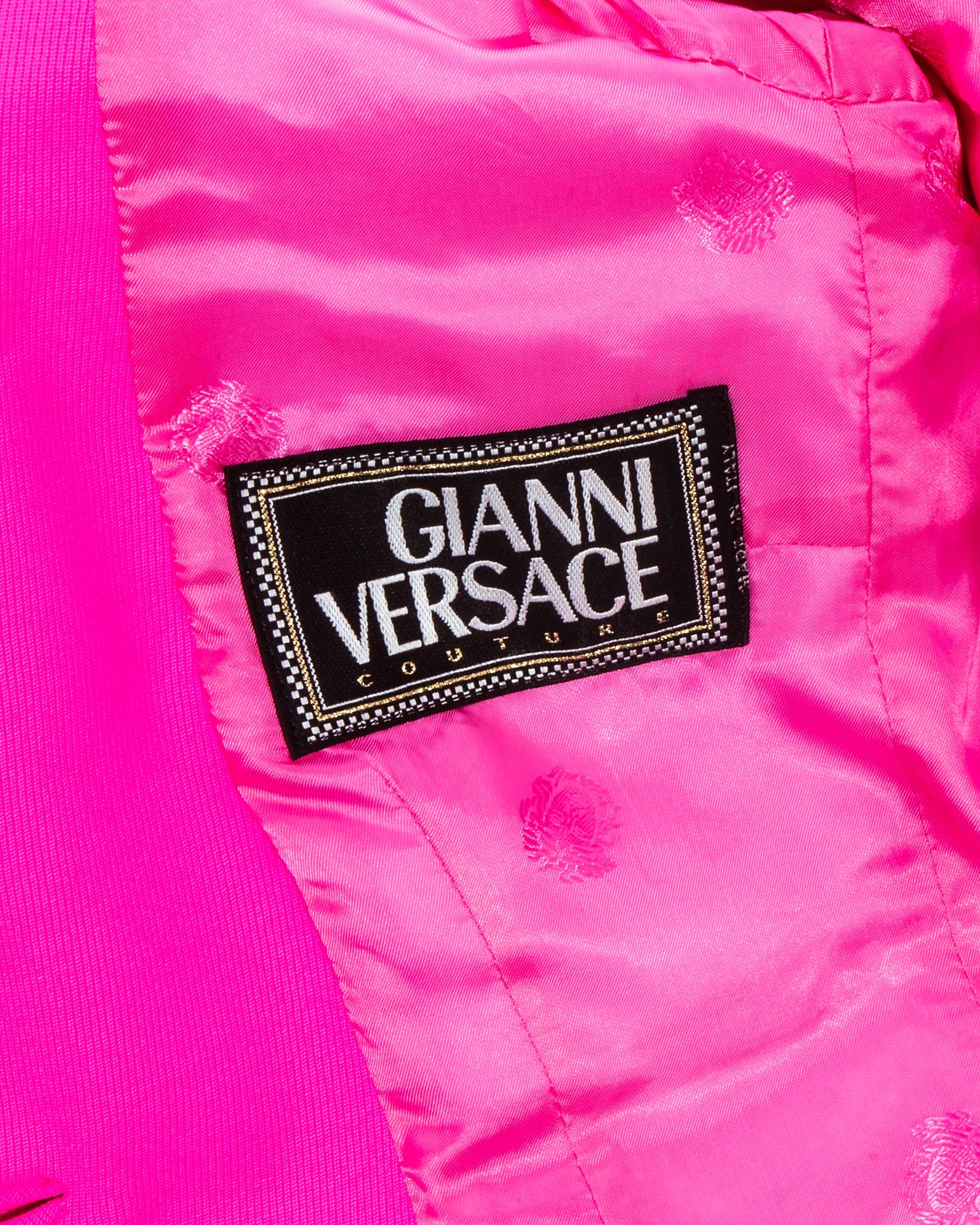 Gianni Versace neon pink wool mini skirt suit, fw 1996 In Excellent Condition In London, GB