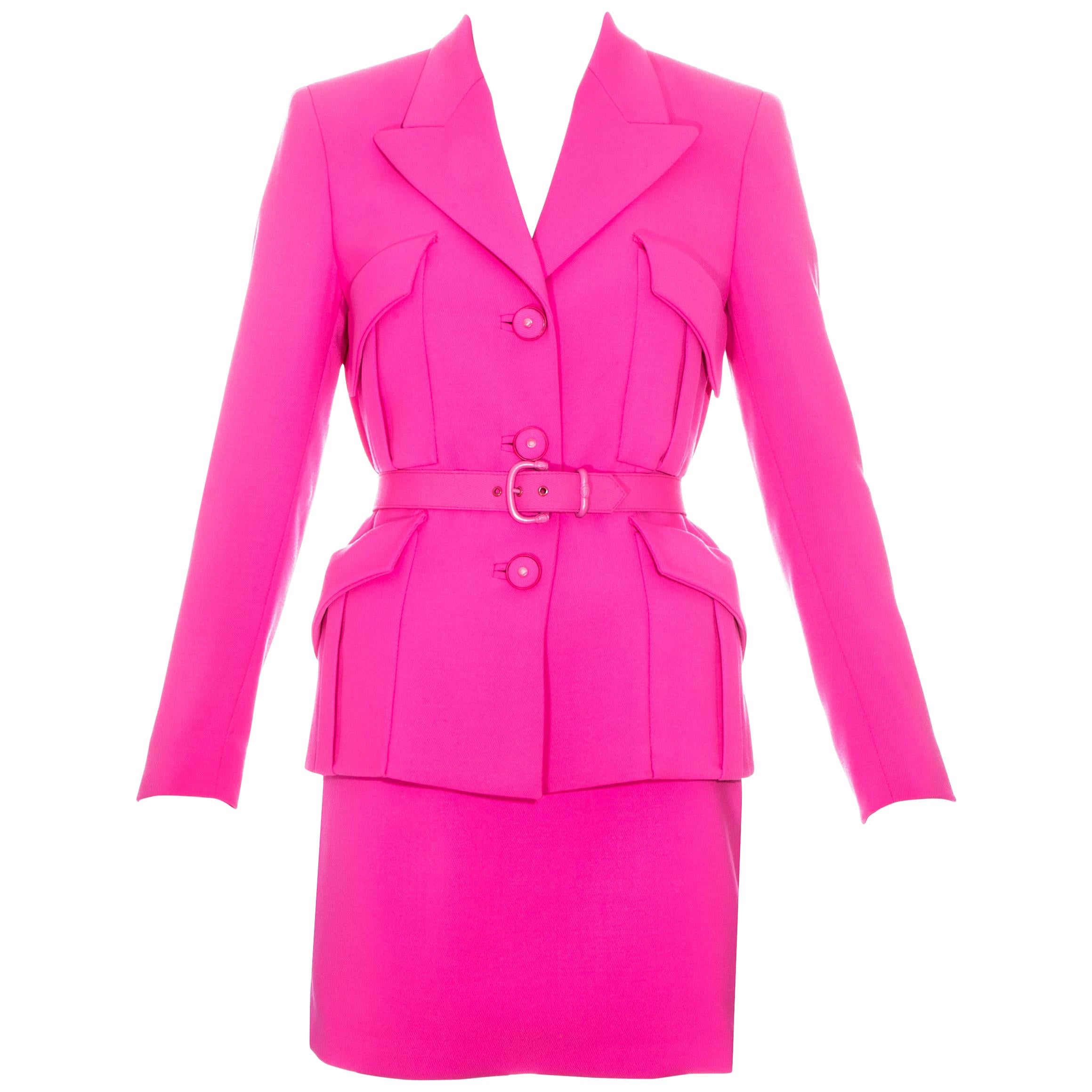 Gianni Versace neon pink wool mini skirt suit, fw 1996
