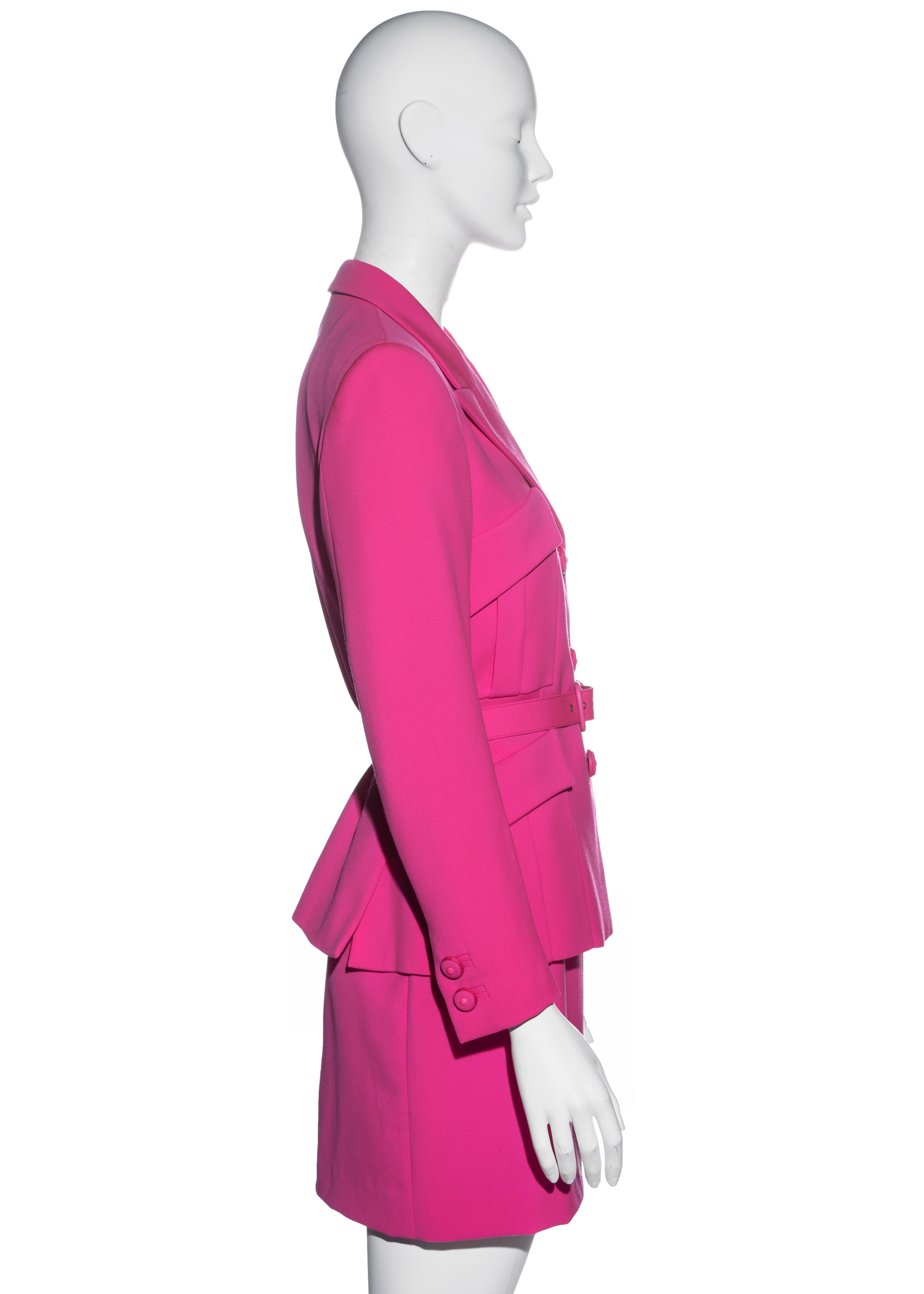 Pink Gianni Versace neon pink wool monochromatic mini skirt suit, fw 1996 For Sale