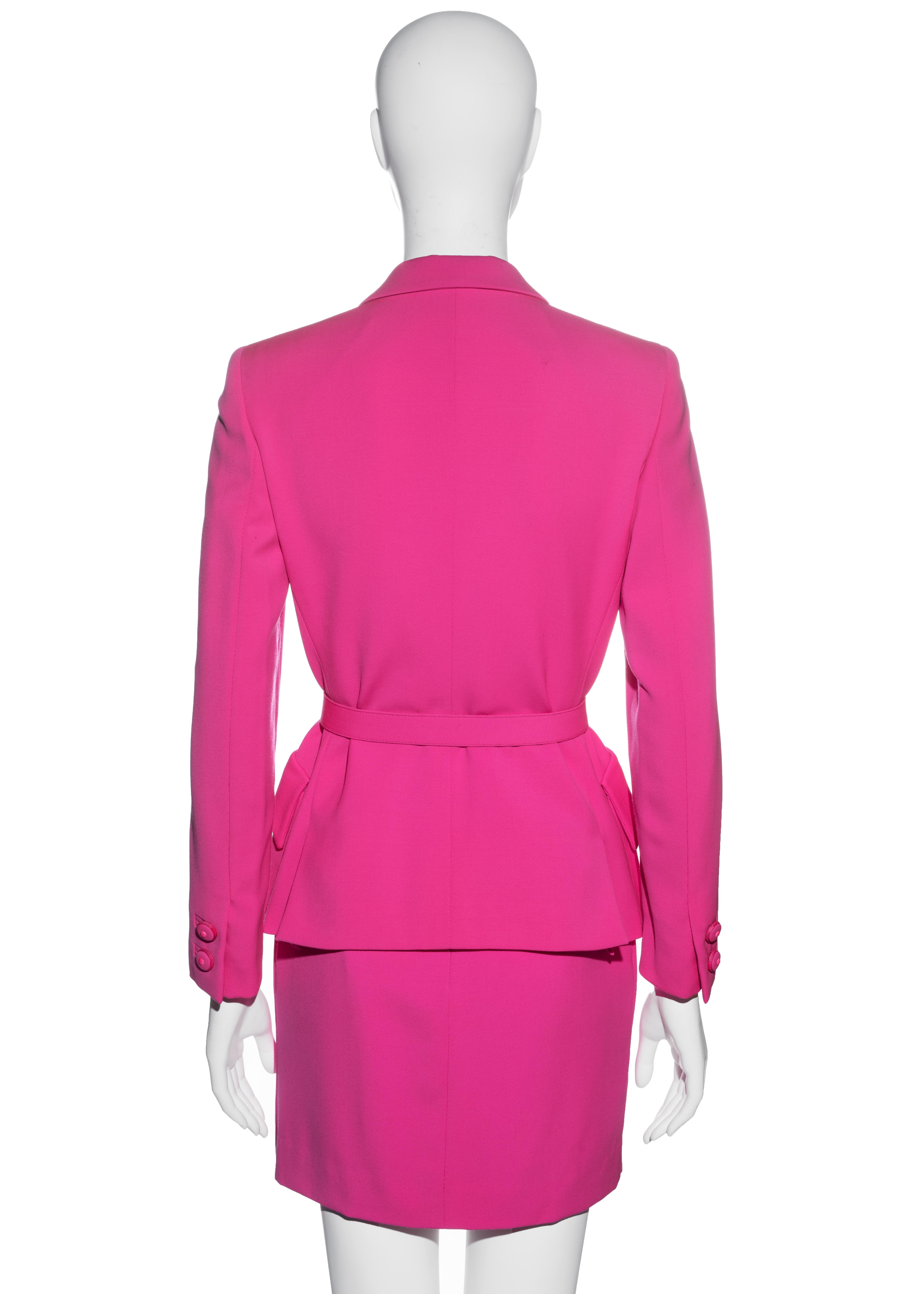 Women's Gianni Versace neon pink wool monochromatic mini skirt suit, fw 1996 For Sale