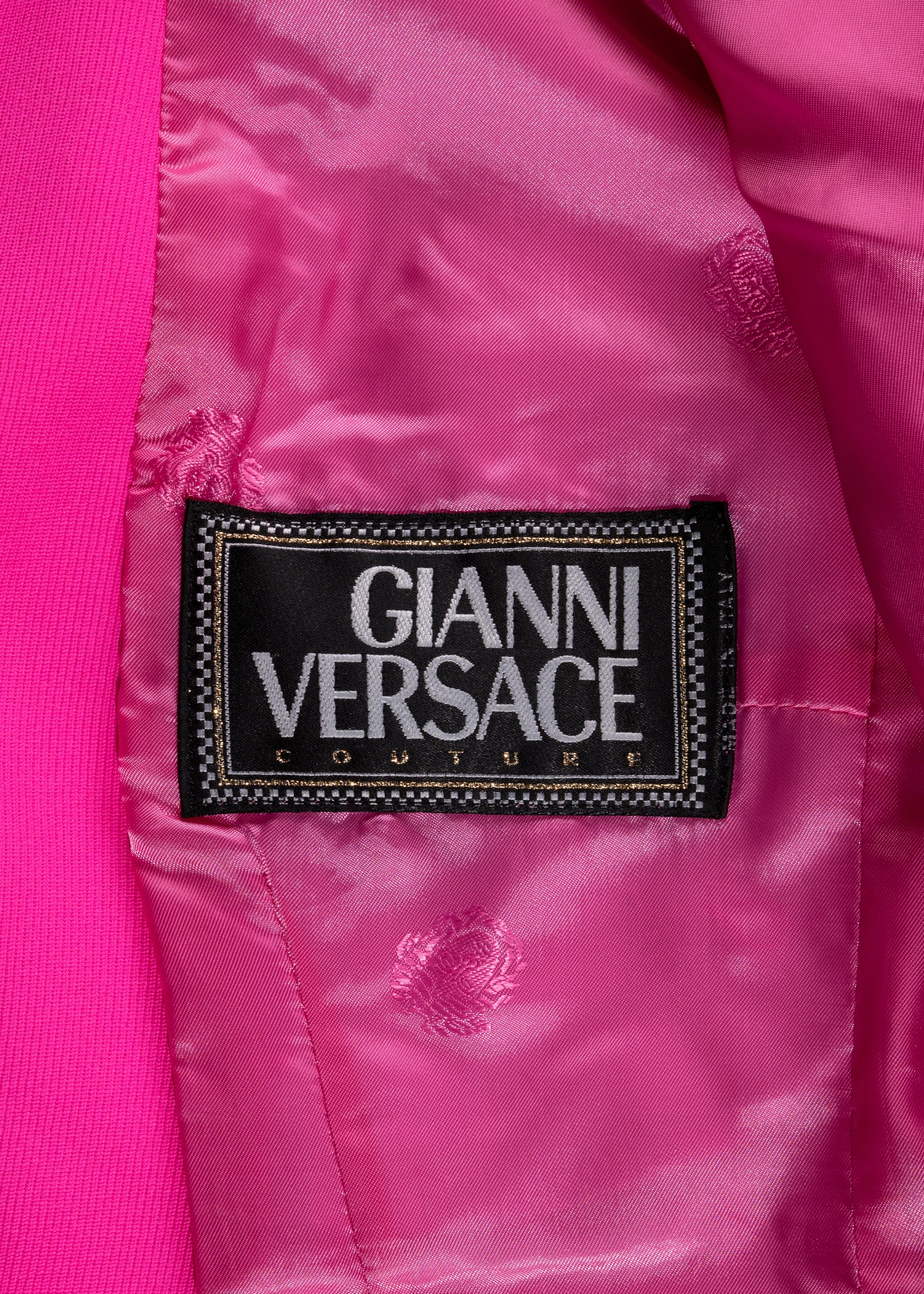 Gianni Versace neon pink wool monochromatic mini skirt suit, fw 1996 For Sale 1
